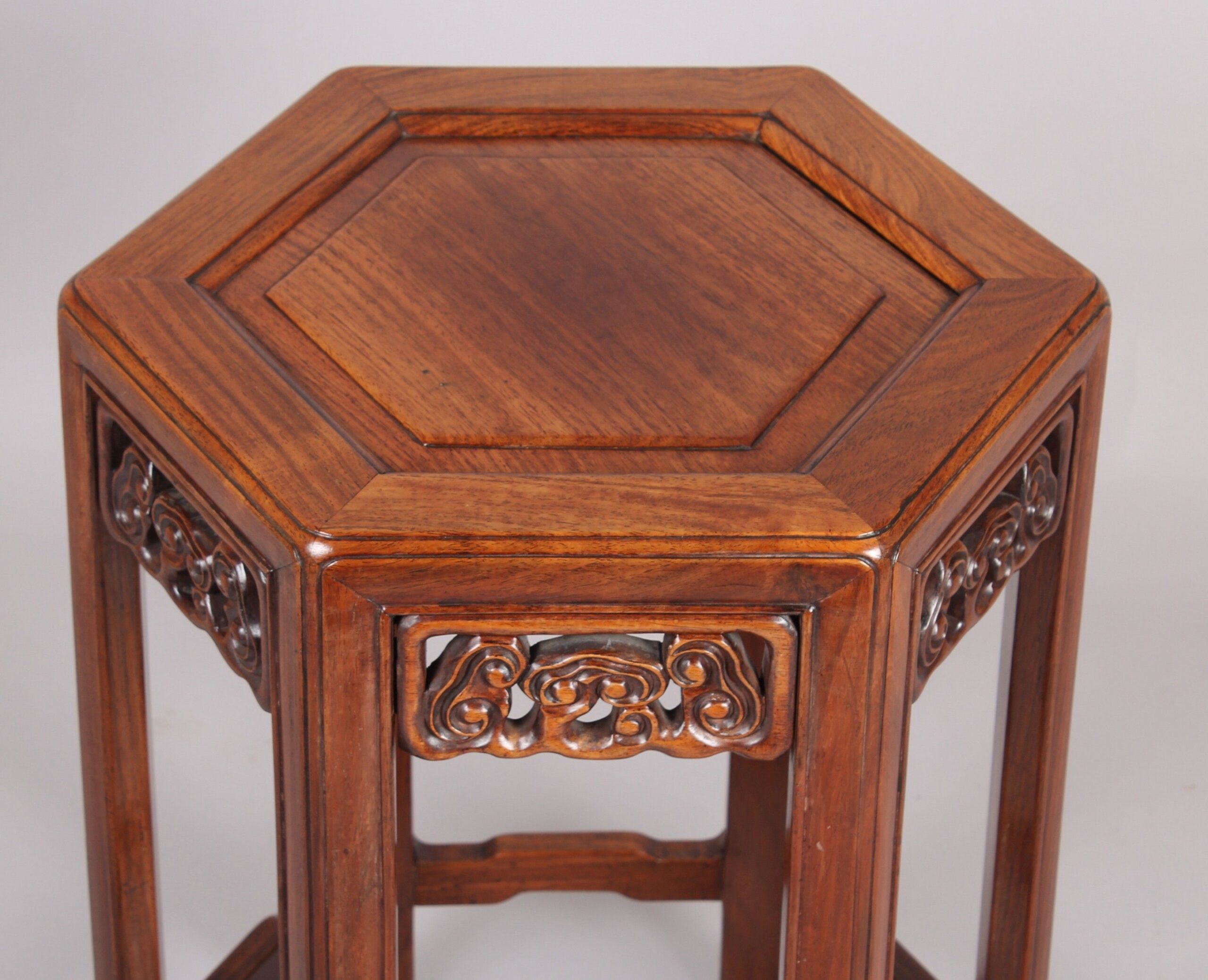 Rare pair of 19th century Chinese hardwood, probably Huanghuali, hexagonal tables