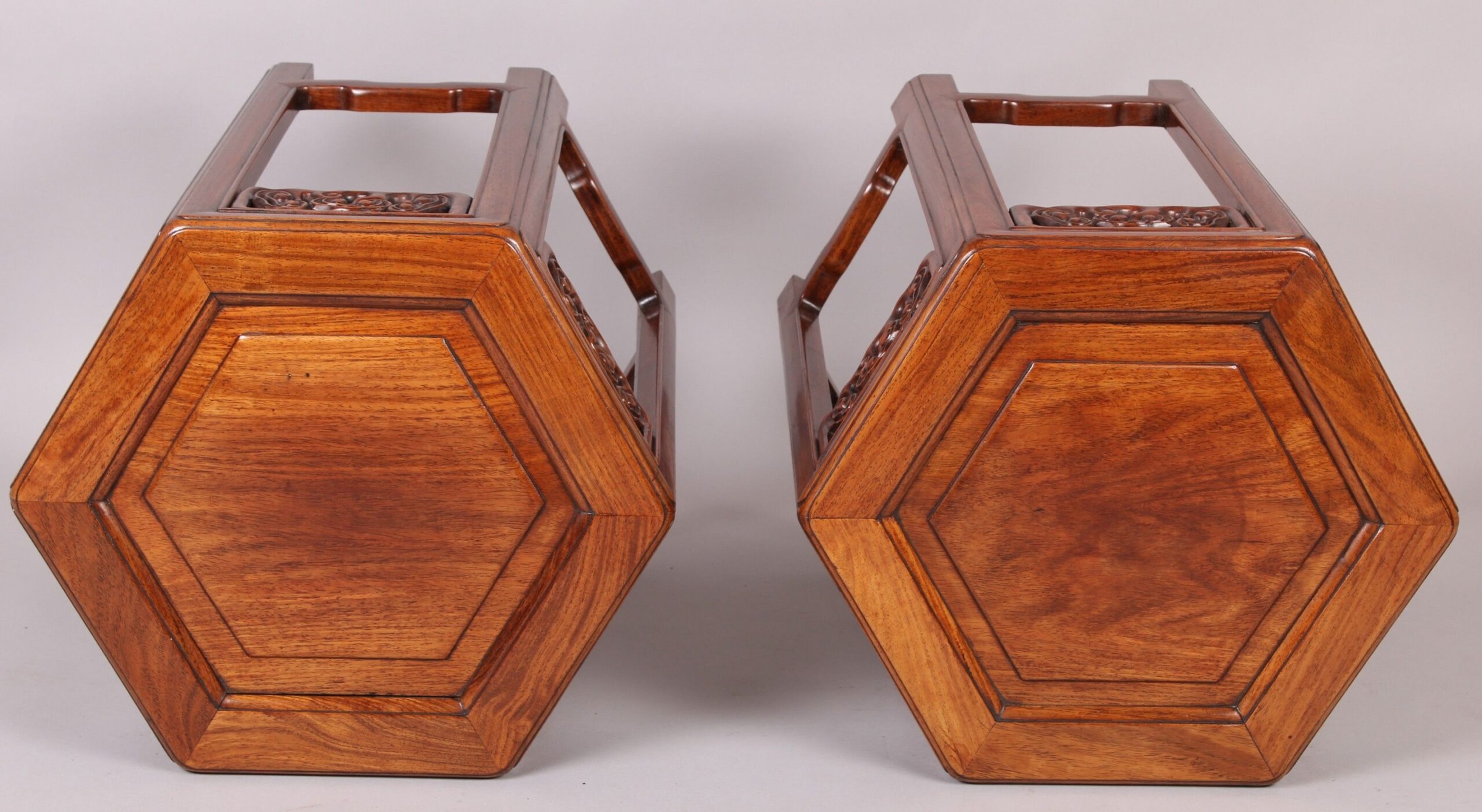 Rare pair of 19th century Chinese hardwood, probably Huanghuali, hexagonal tables