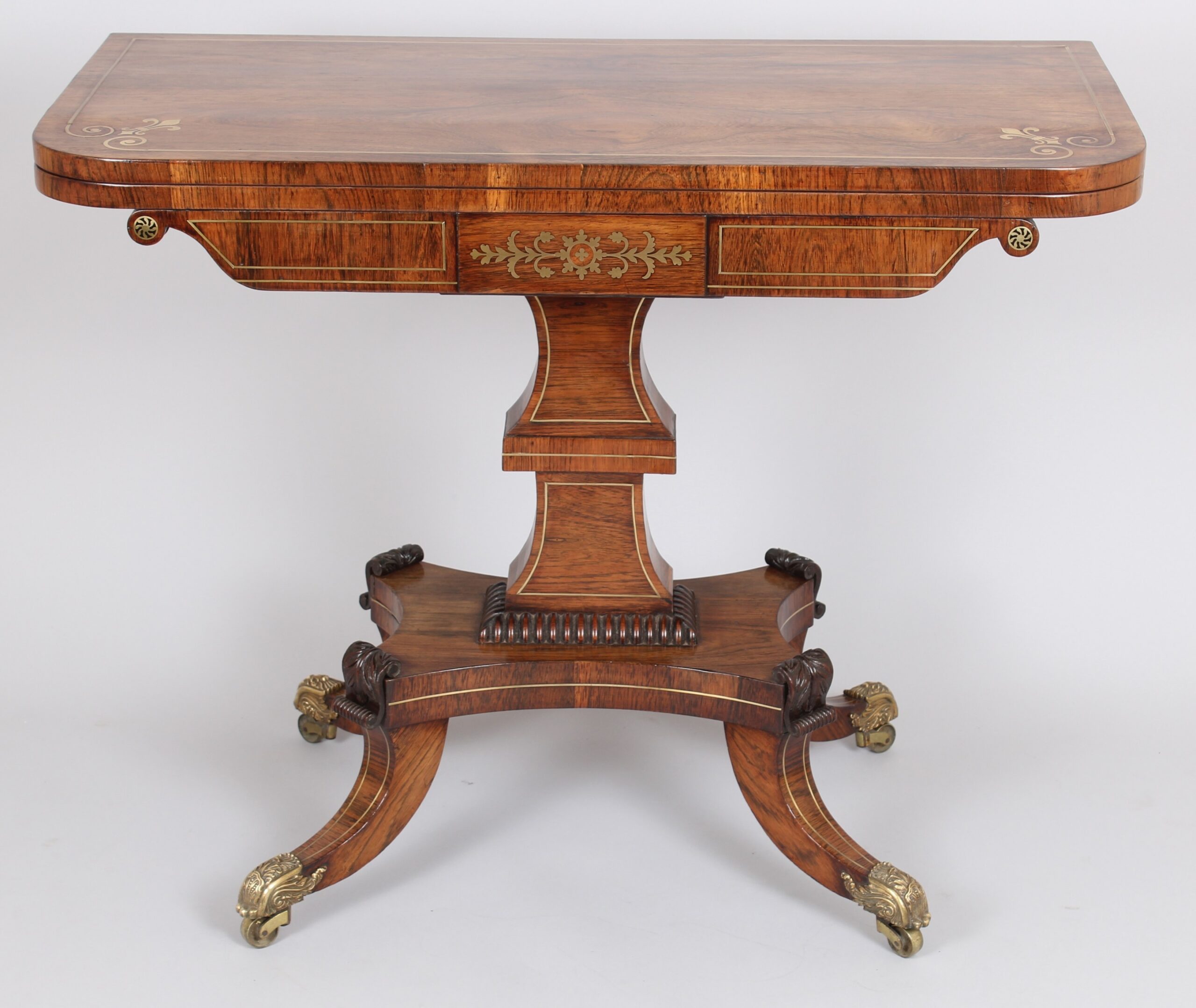 Fine quality Regency rosewood and brass inlaid card-table of mellow golden colour