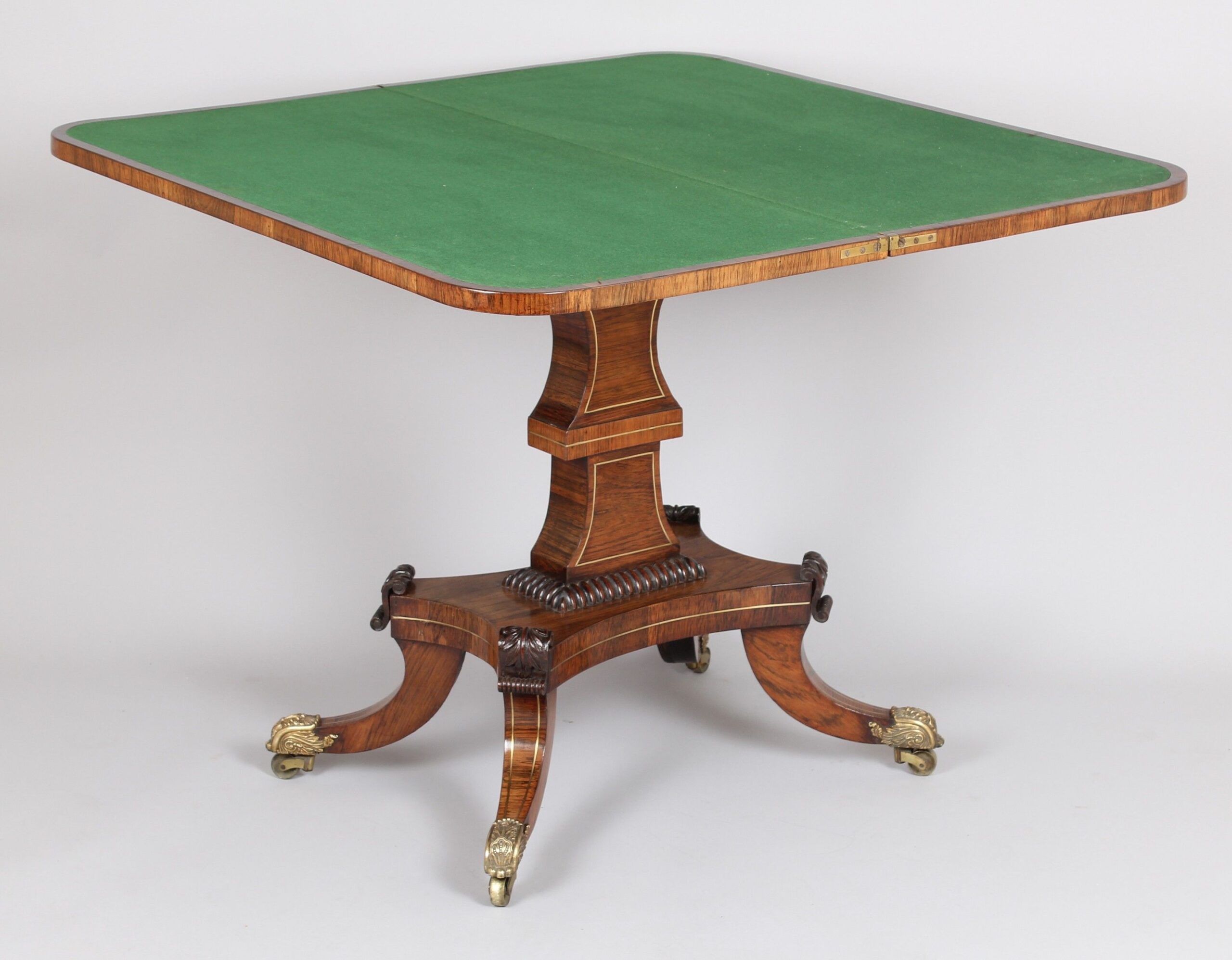 Fine quality Regency rosewood and brass inlaid card-table of mellow golden colour