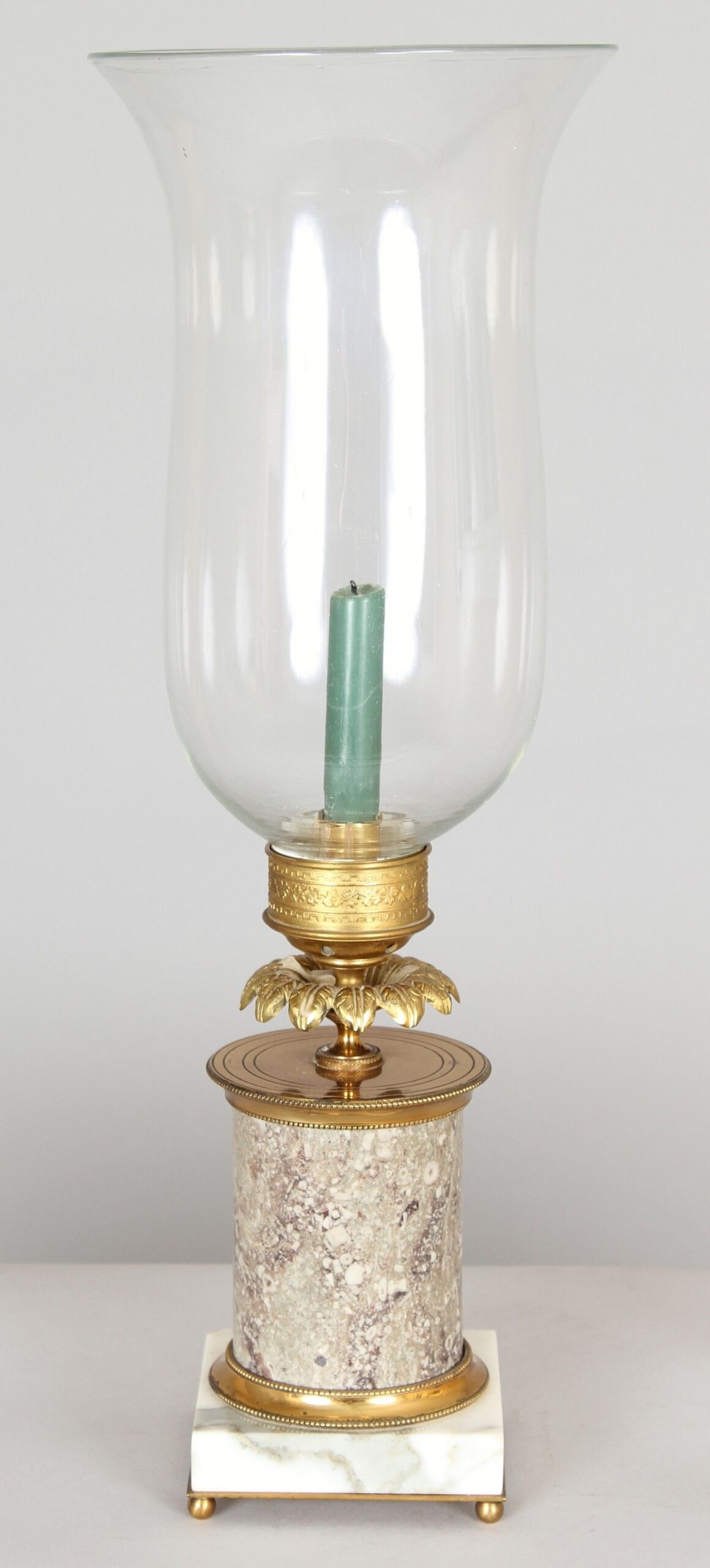 Very fine pair of early nineteenth century French ormolu and fossil marble table candlesticks with storm-shades