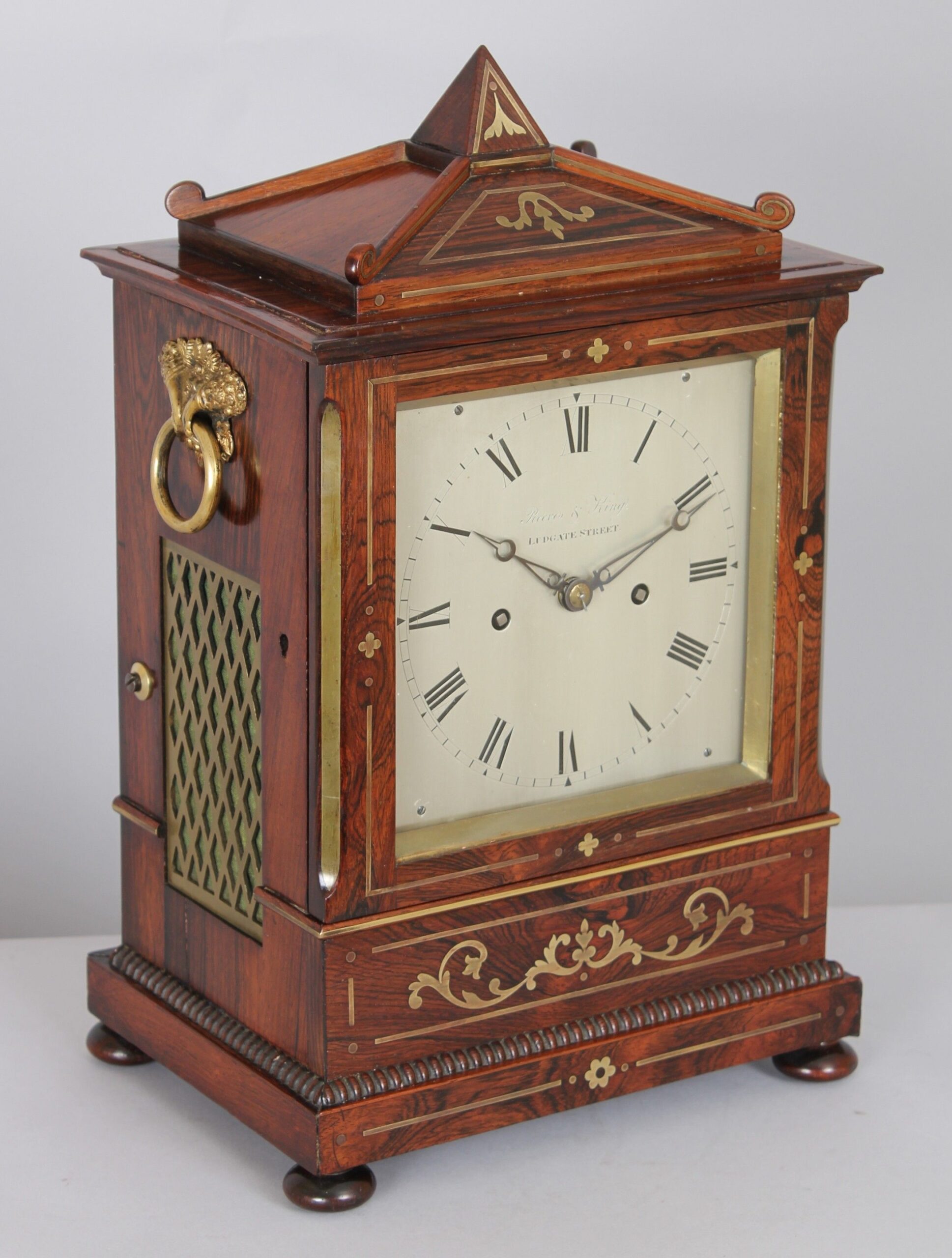 George IV period rosewood and brass-inlaid small bracket-clock