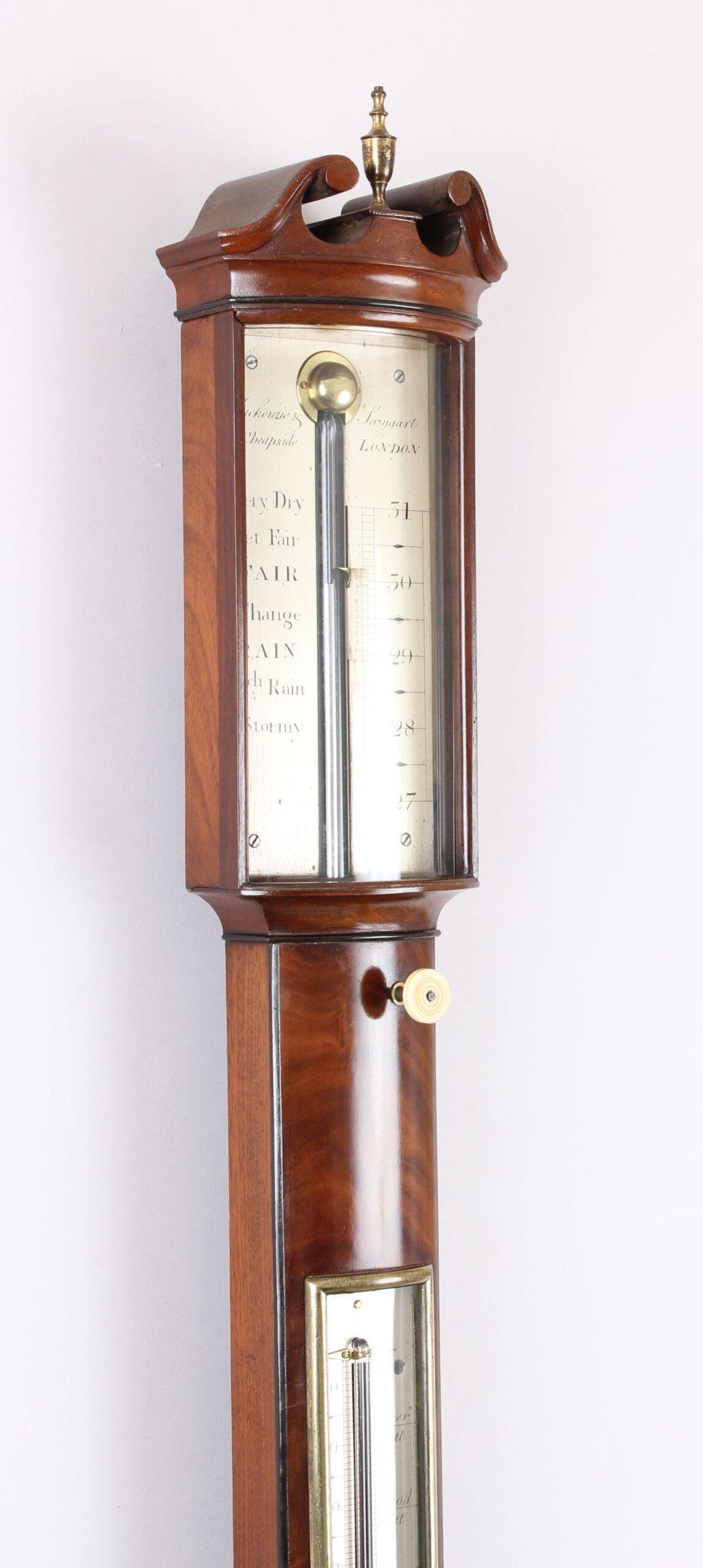 Very fine mahogany bow-fronted stick barometer