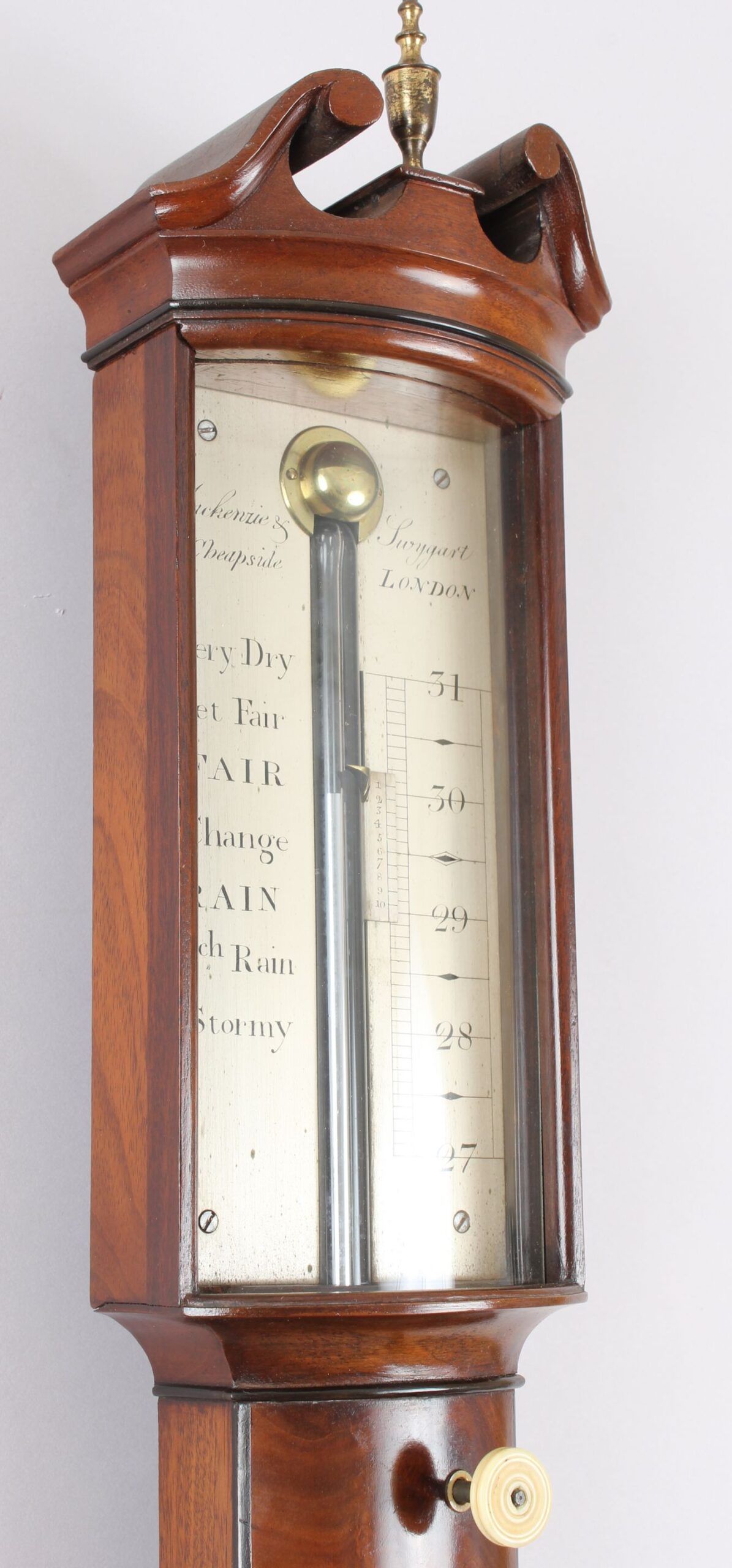 Very fine mahogany bow-fronted stick barometer