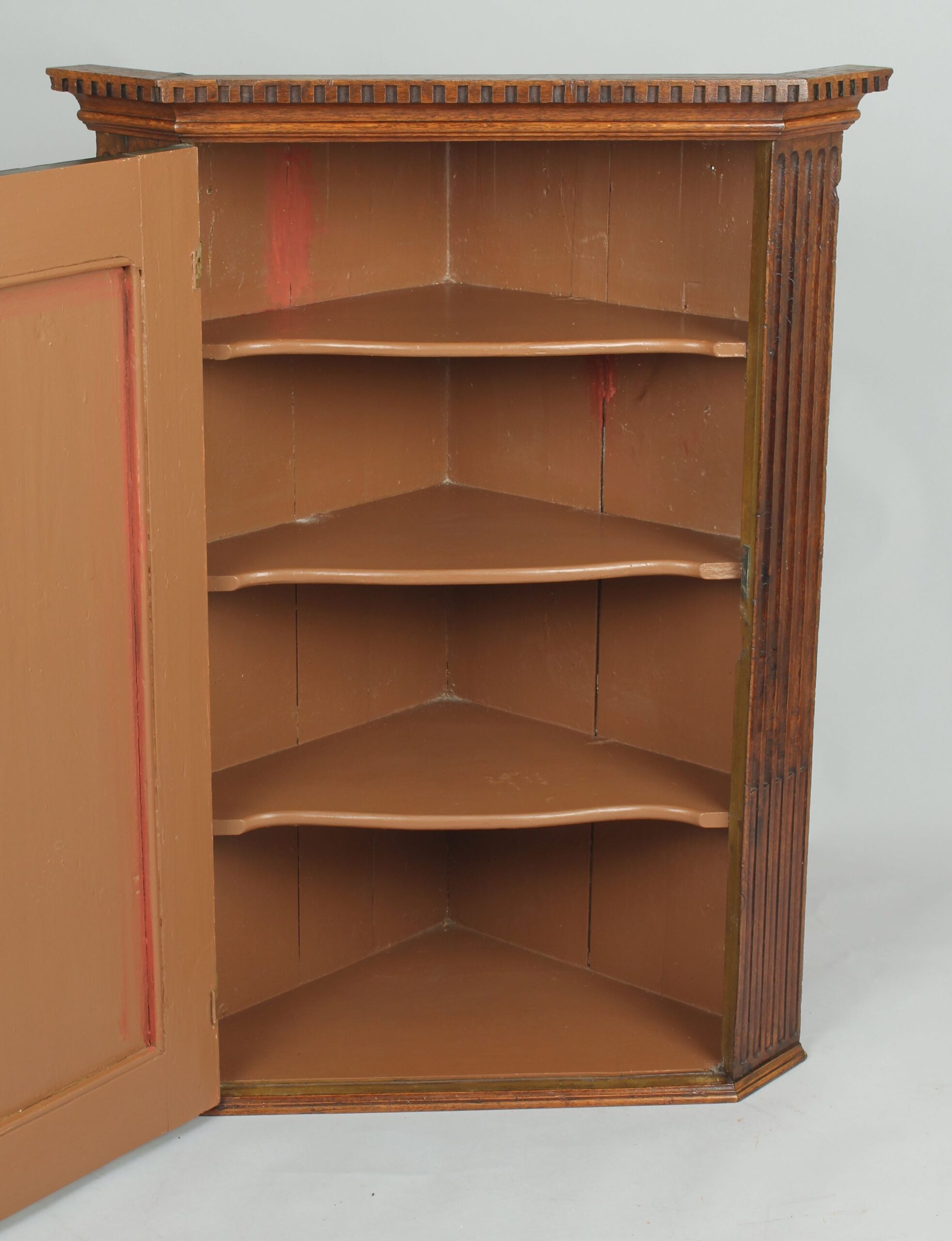 Early George III period burr oak corner cupboard