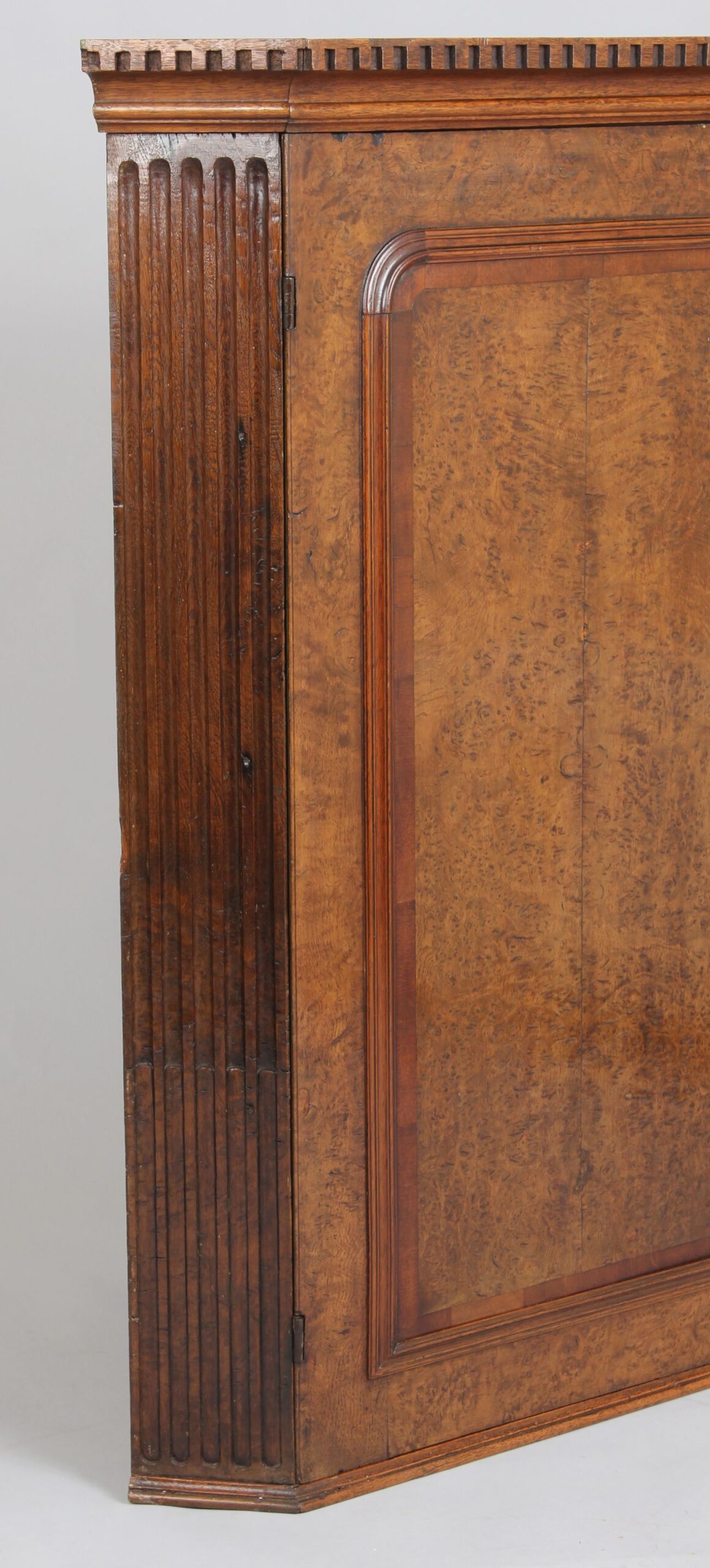 Early George III period burr oak corner cupboard