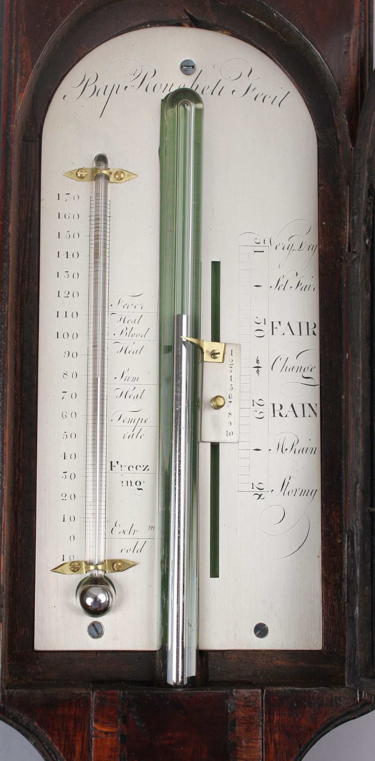 A George III period mahogany stick barometer by Baptista Ronchetti of London