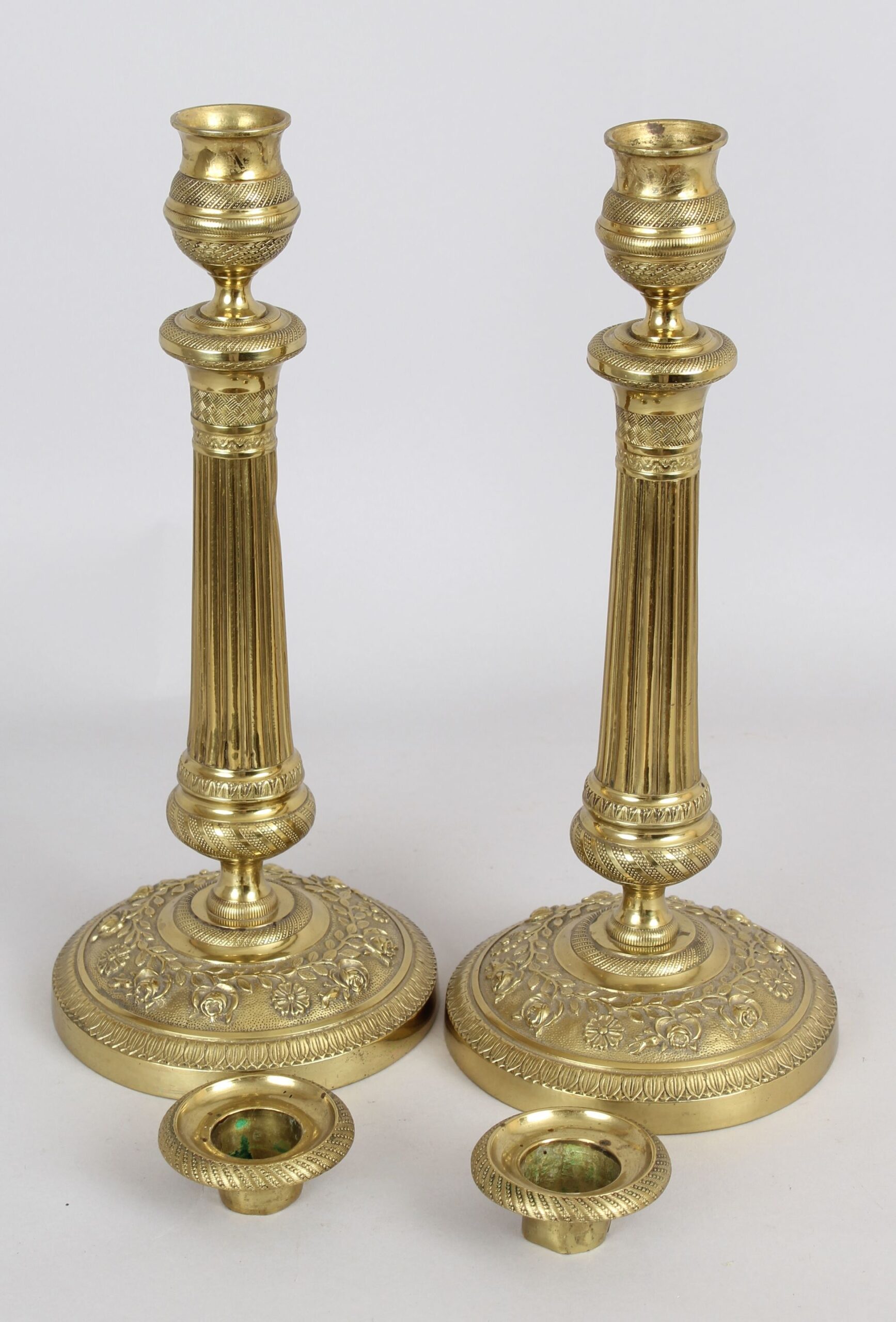 Pair of French brass candlesticks of fine quality and detail.