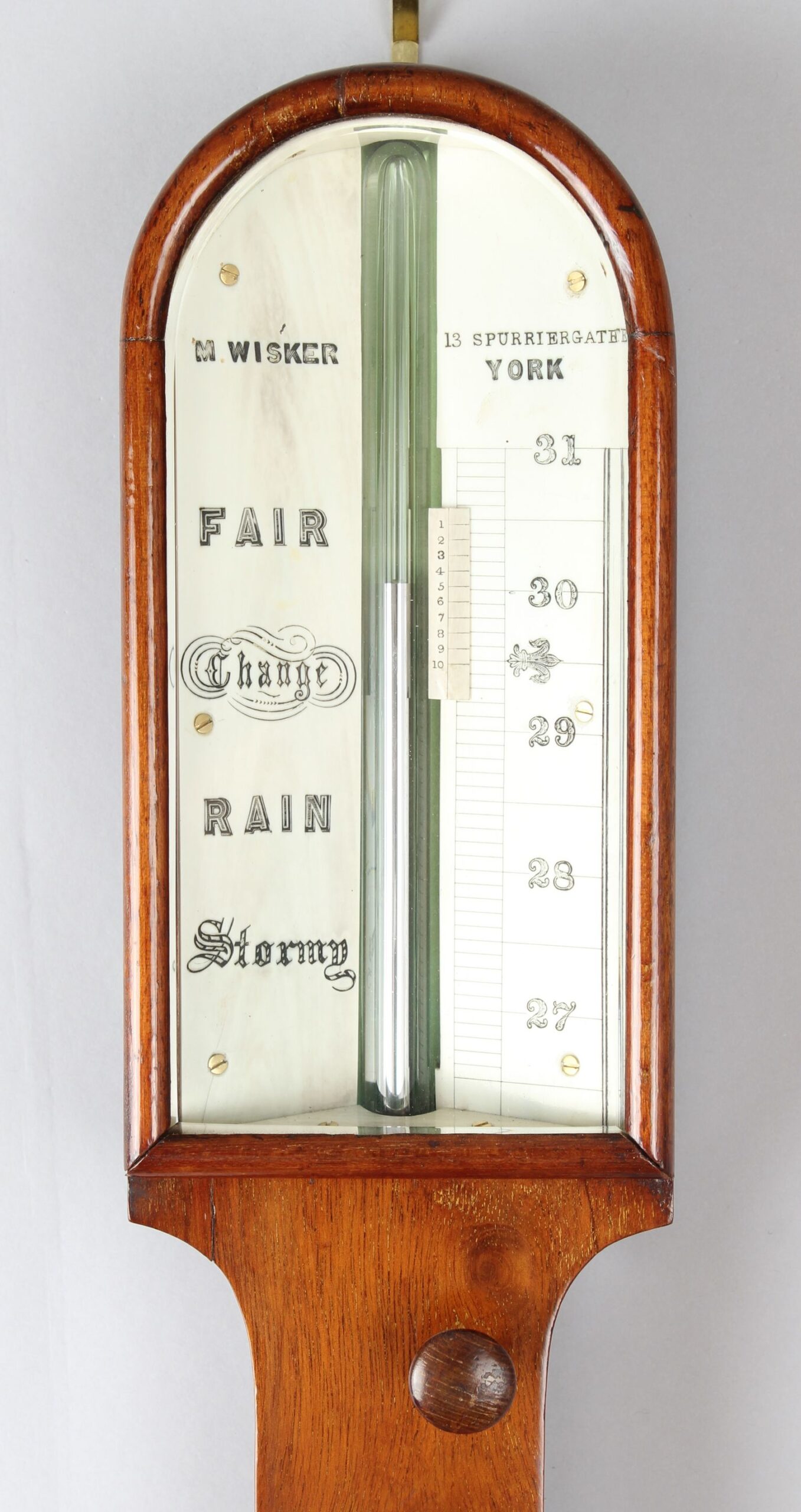 Early 19th century walnut stick barometer by M Wisker of York