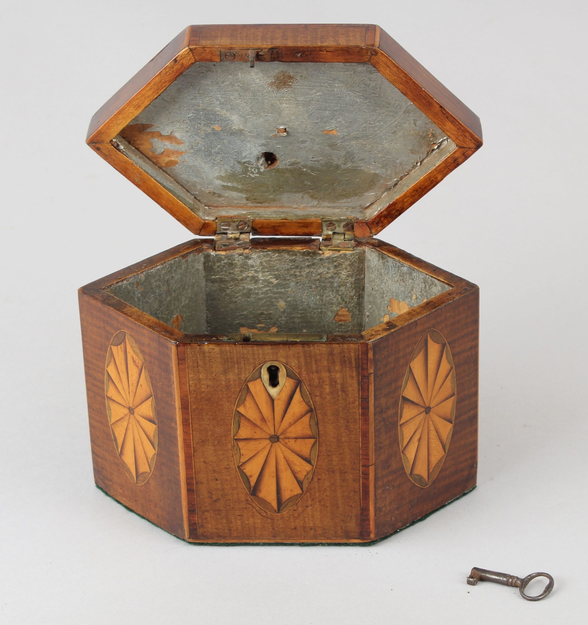 George III hexagonal harewood tea caddy