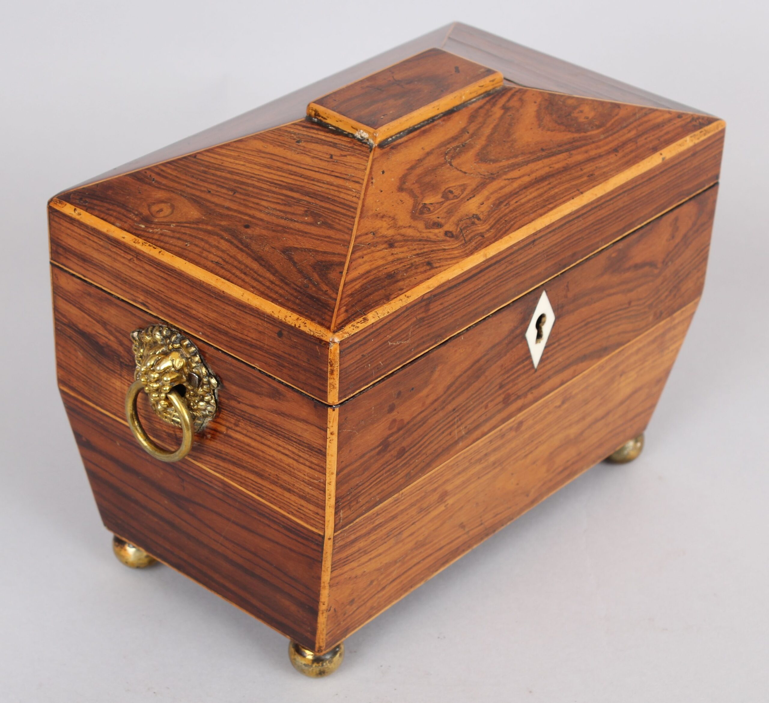 George IV period pale rosewood sarcophagus-shaped tea caddy