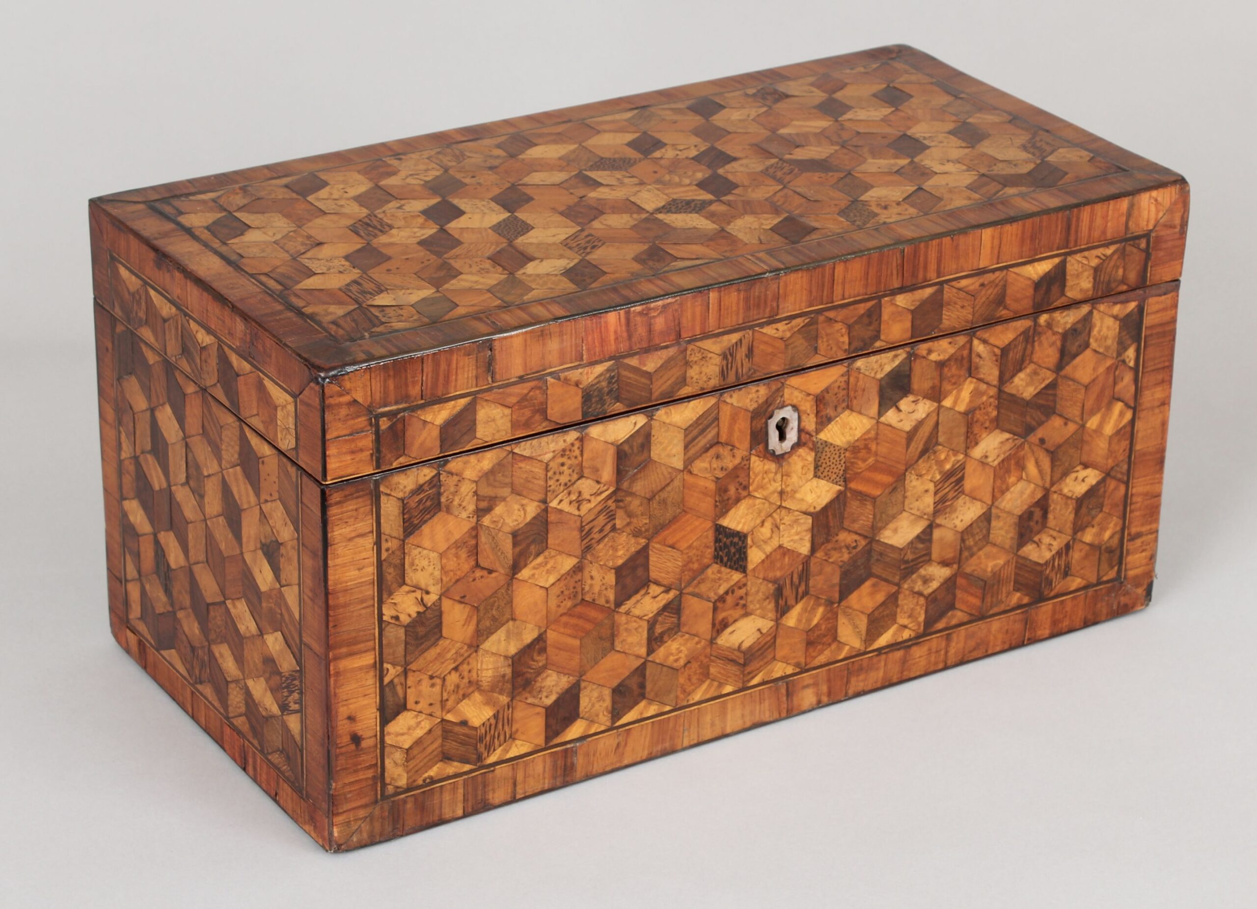 Unusually large George III period cube-parquetry tea caddy