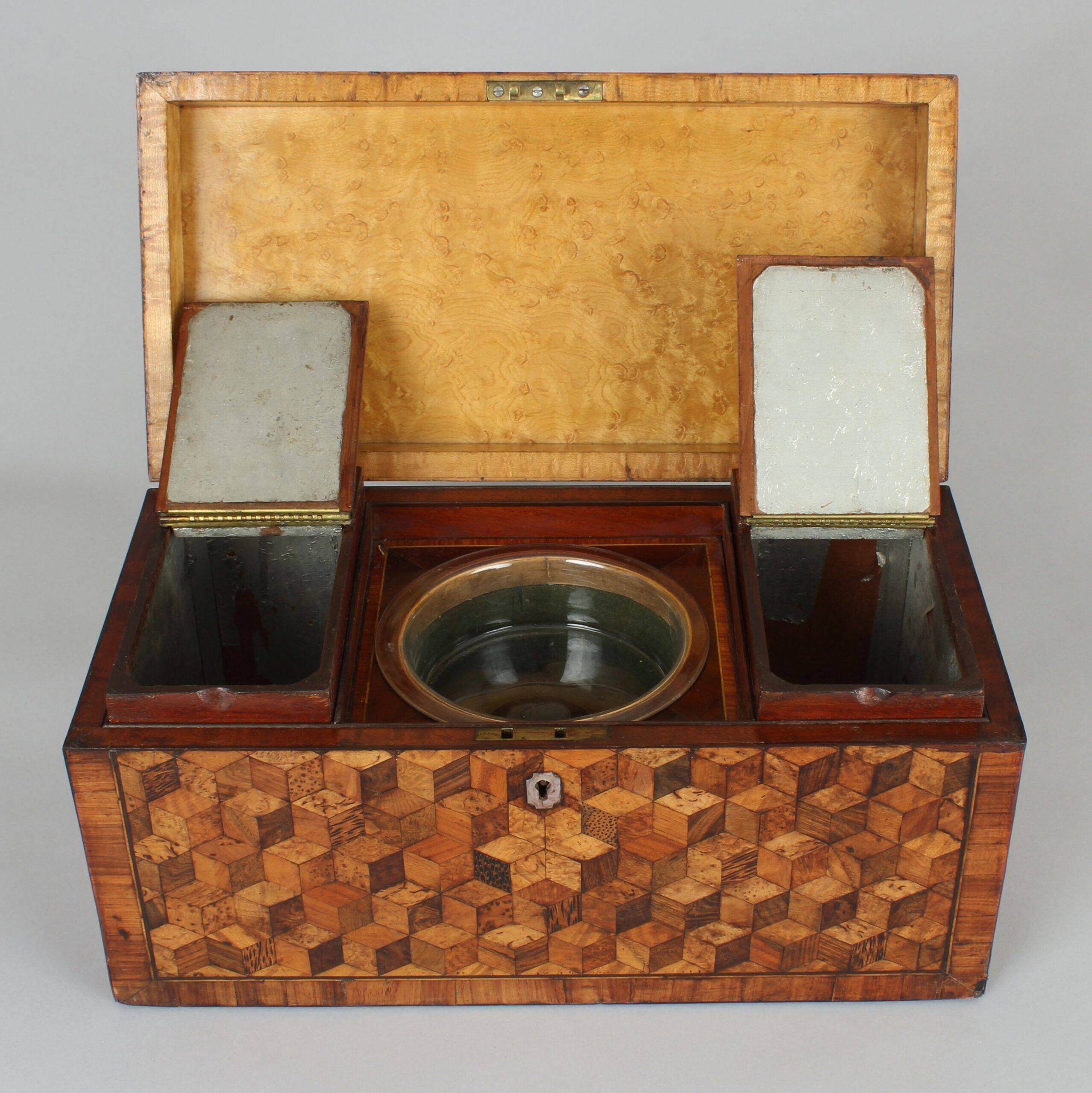 Unusually large George III period cube-parquetry tea caddy
