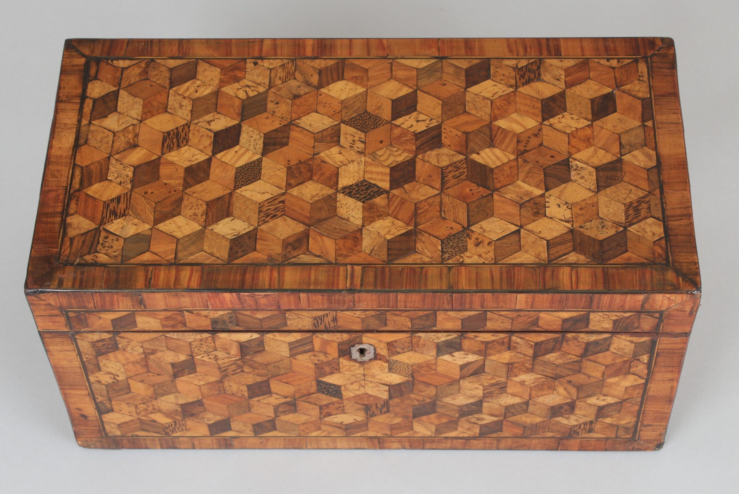 Unusually large George III period cube-parquetry tea caddy
