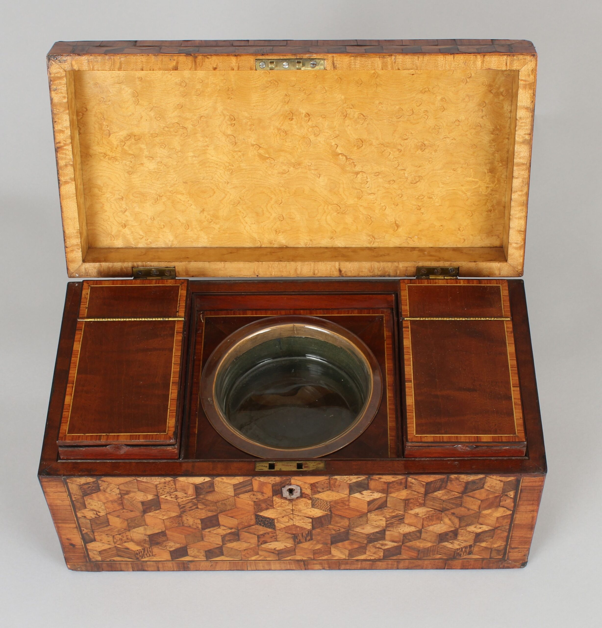 Unusually large George III period cube-parquetry tea caddy
