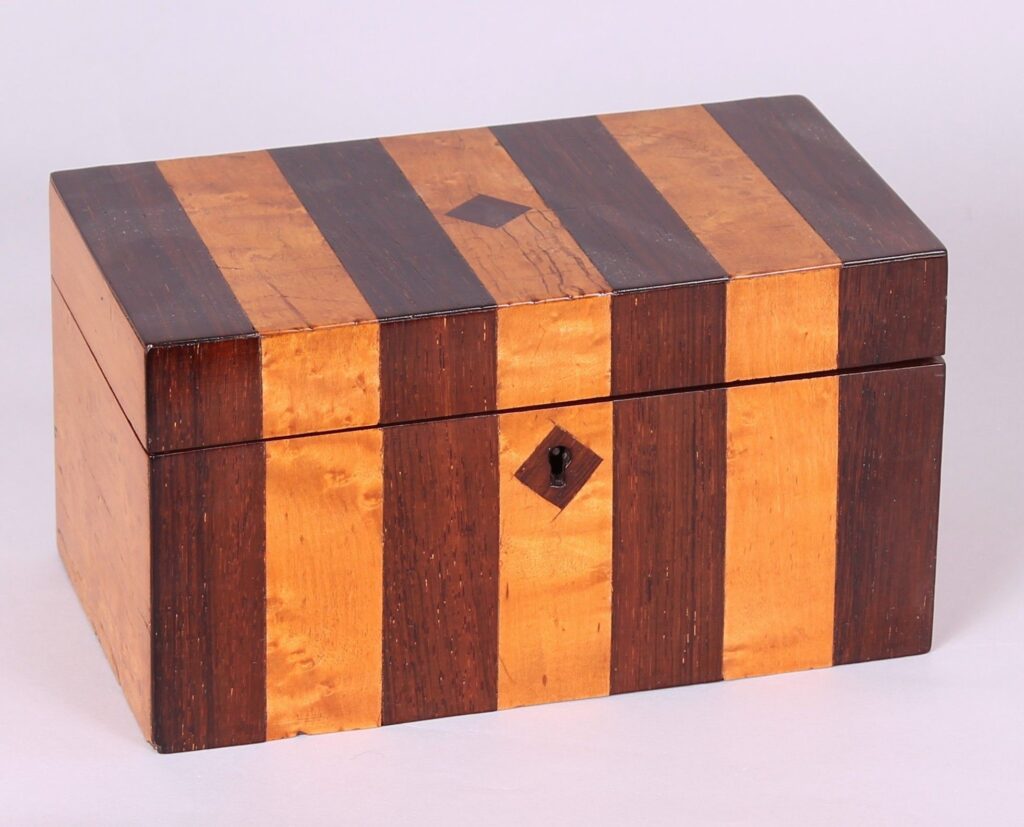 Early Victorian bird’s eye maple and rosewood striped double tea caddy