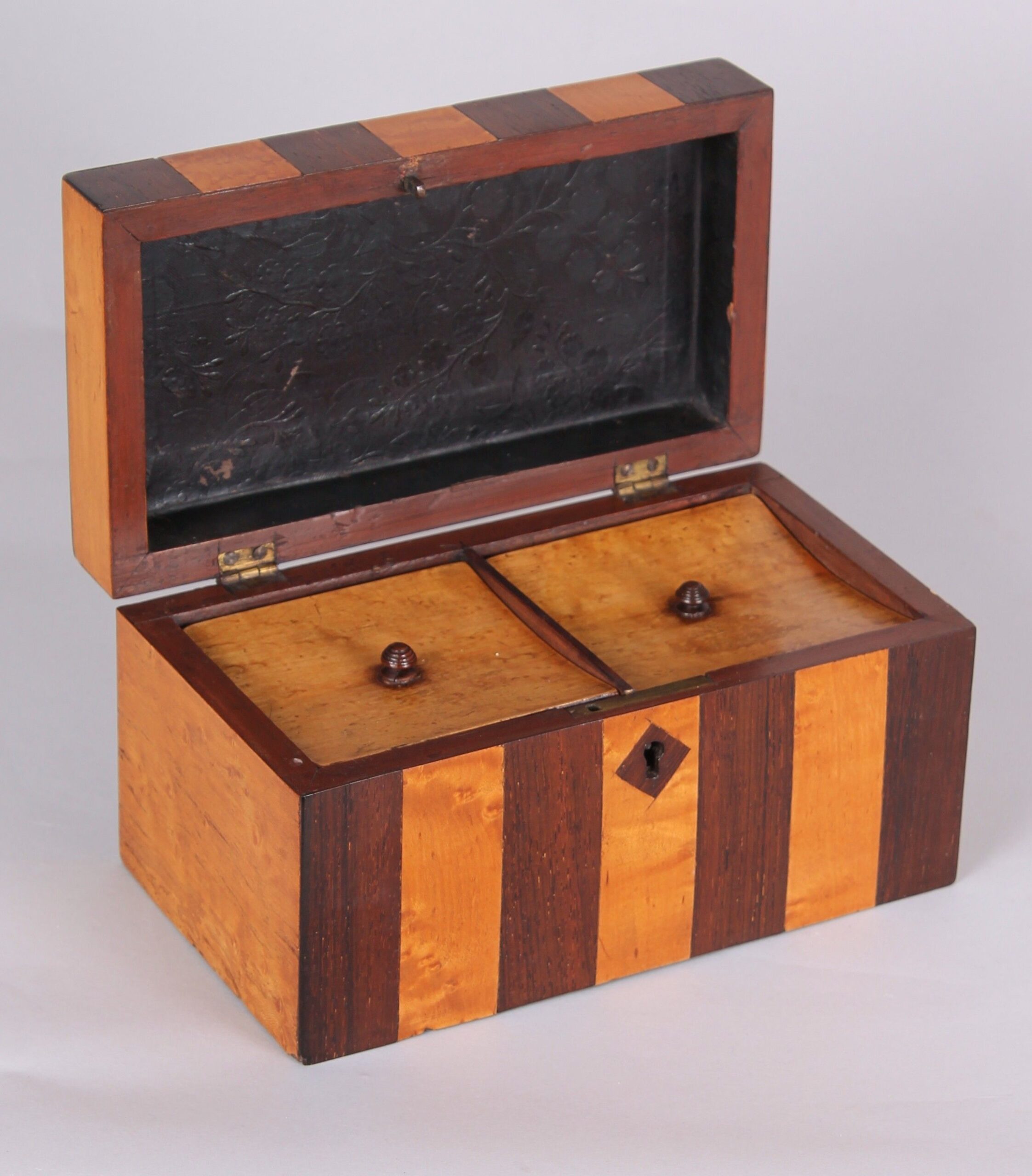 Early Victorian bird’s eye maple and rosewood striped double tea caddy