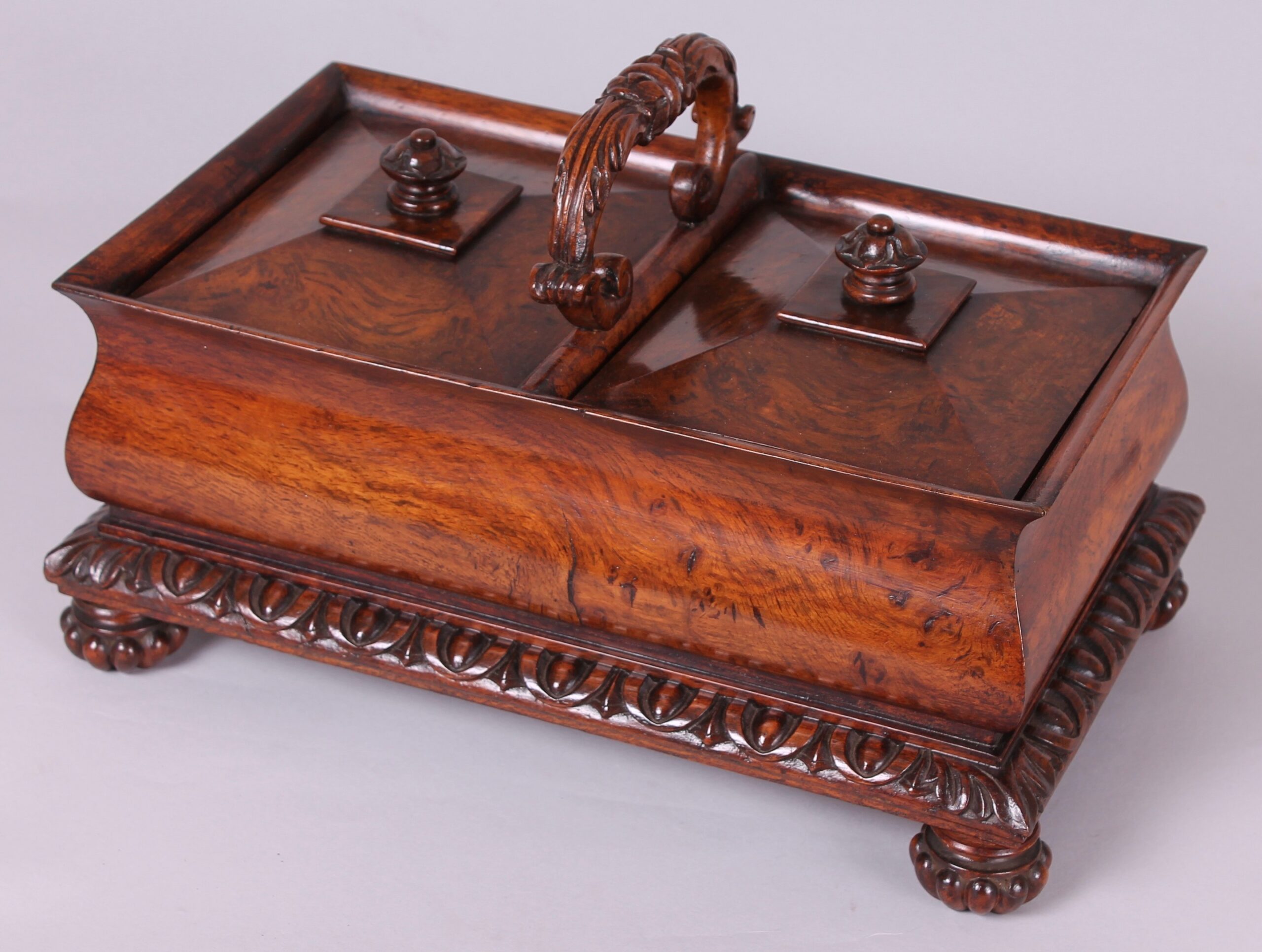 Fine and impressive George IV period burr oak double tea caddy