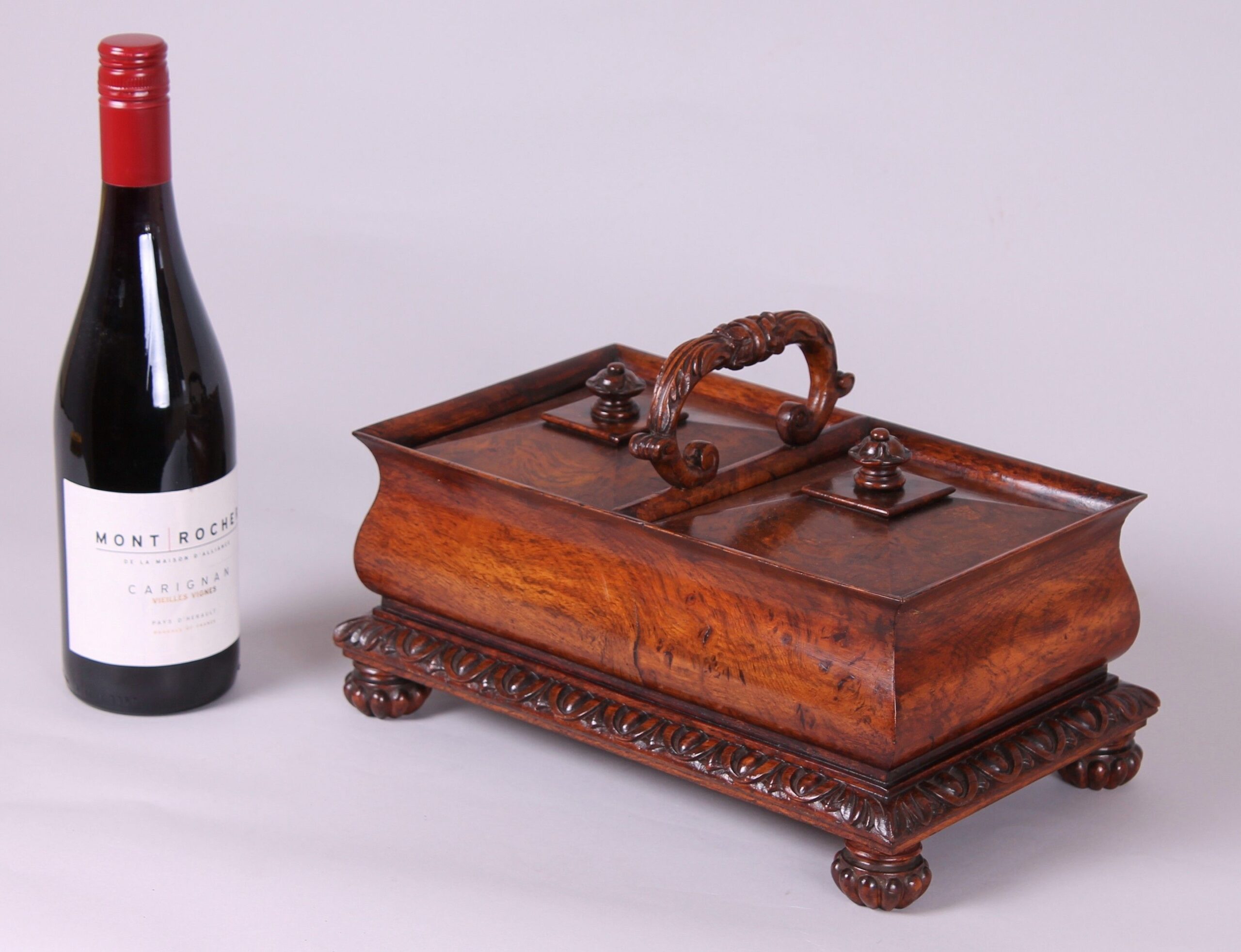 Fine and impressive George IV period burr oak double tea caddy