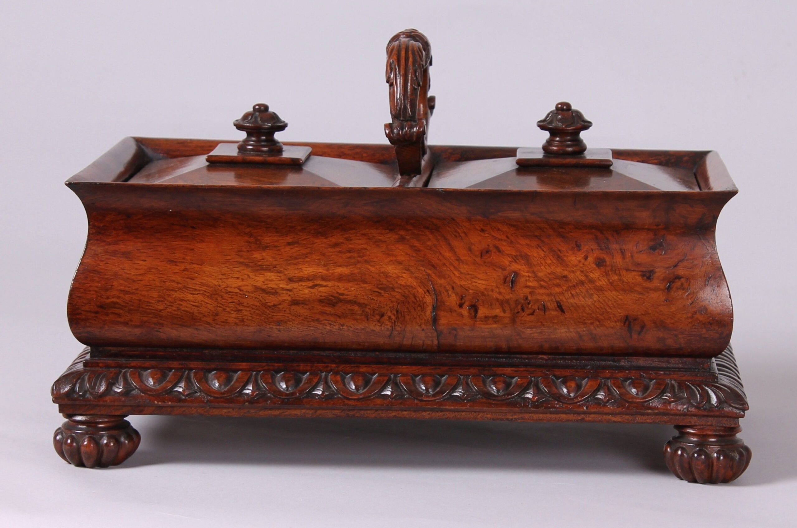 Fine and impressive George IV period burr oak double tea caddy