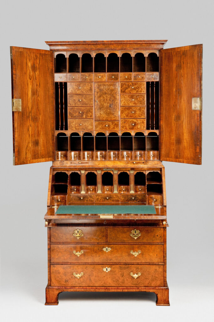 George II period burr walnut bureau-cabinet