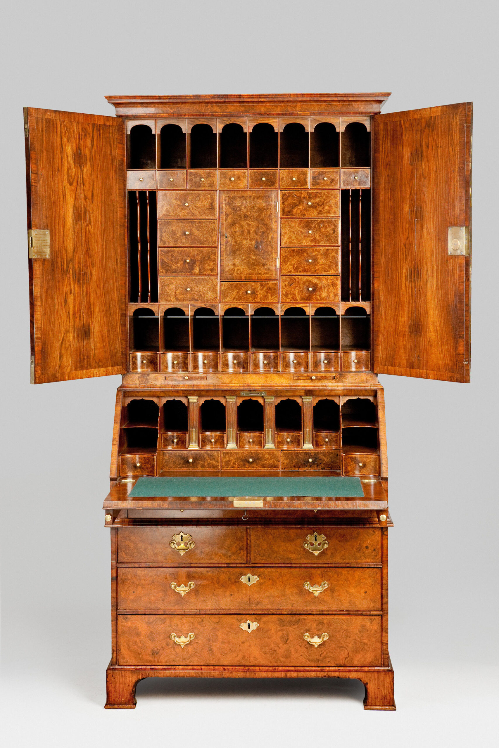 George II period burr walnut bureau-cabinet