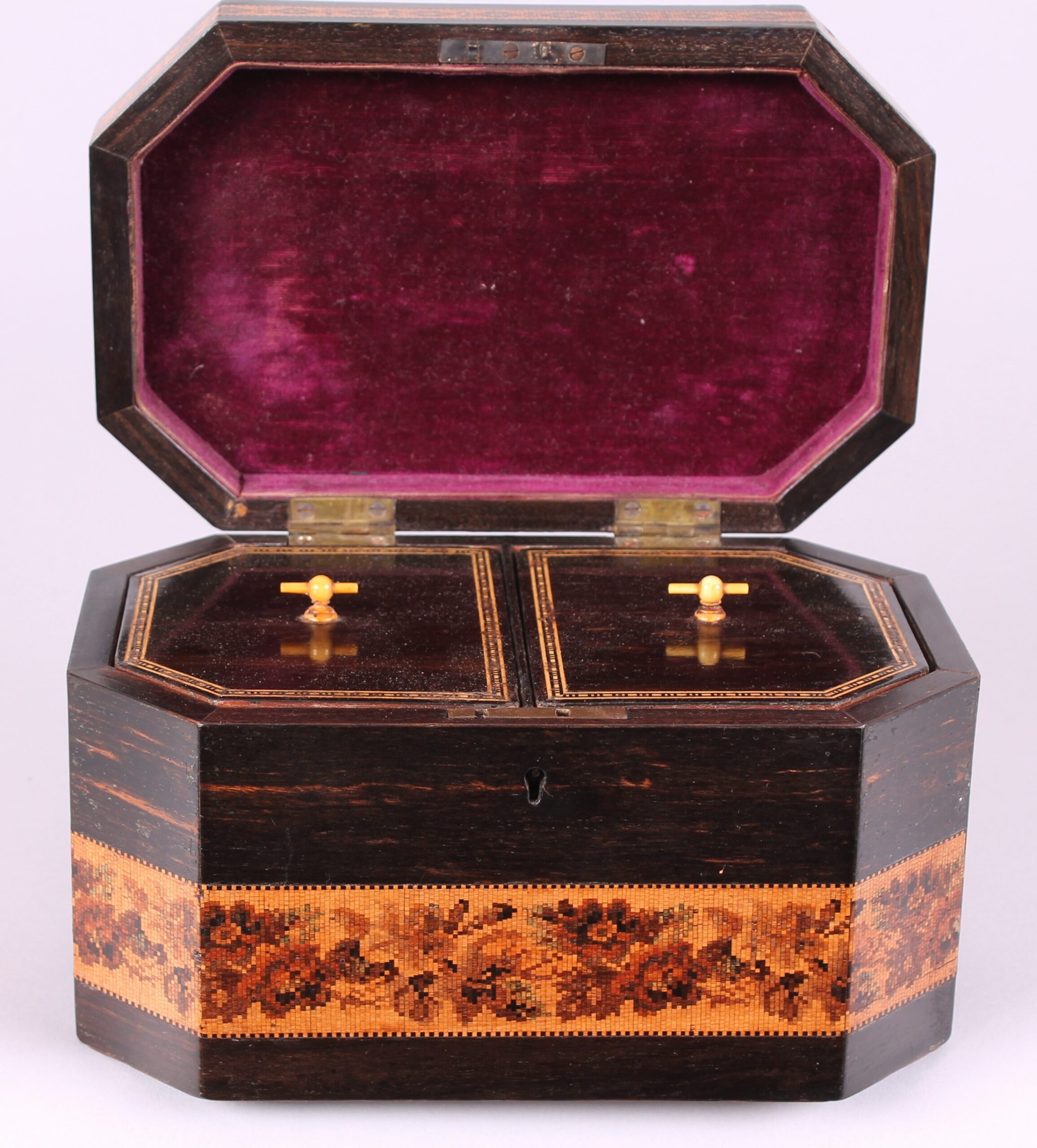 Early Victorian Tunbridge Ware octagonal double tea caddy
