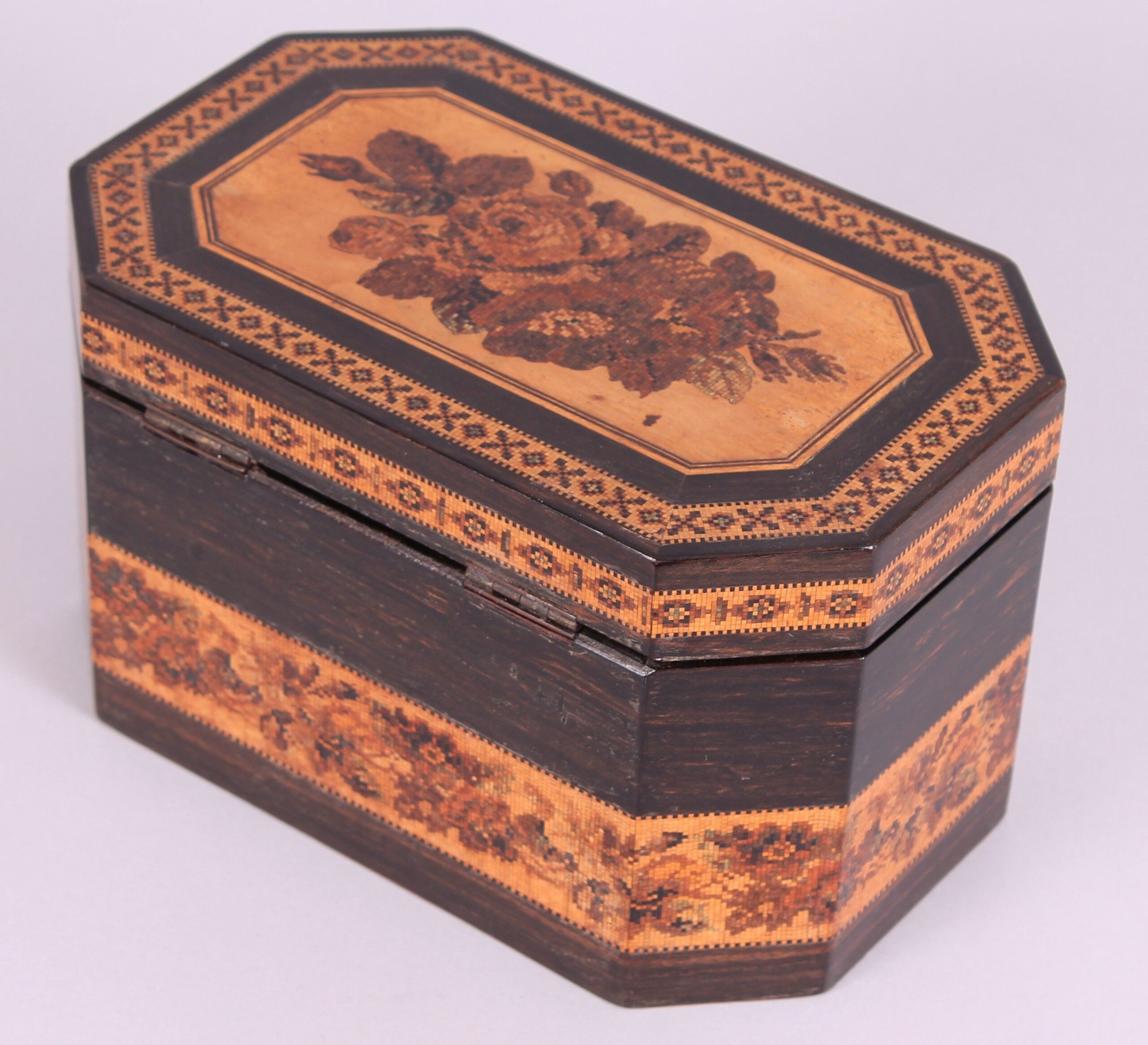 Early Victorian Tunbridge Ware octagonal double tea caddy