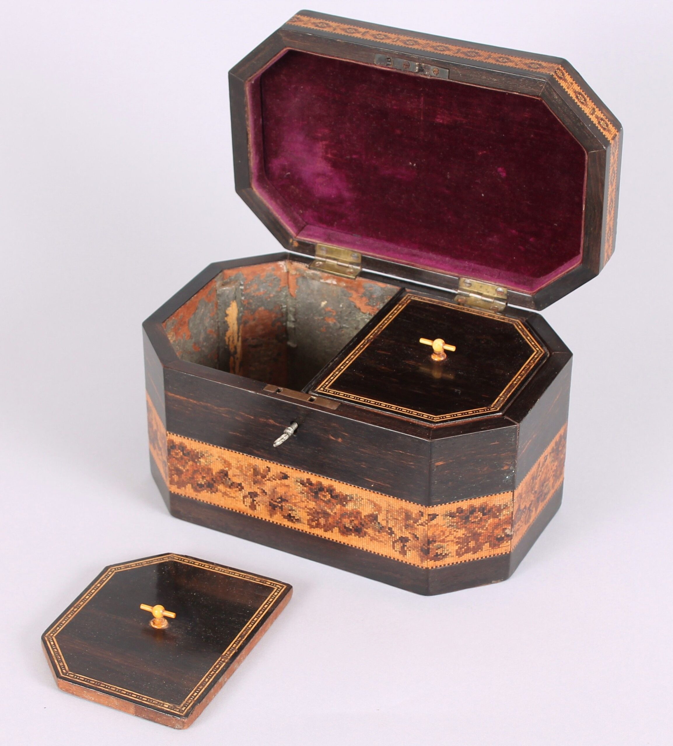 Early Victorian Tunbridge Ware octagonal double tea caddy