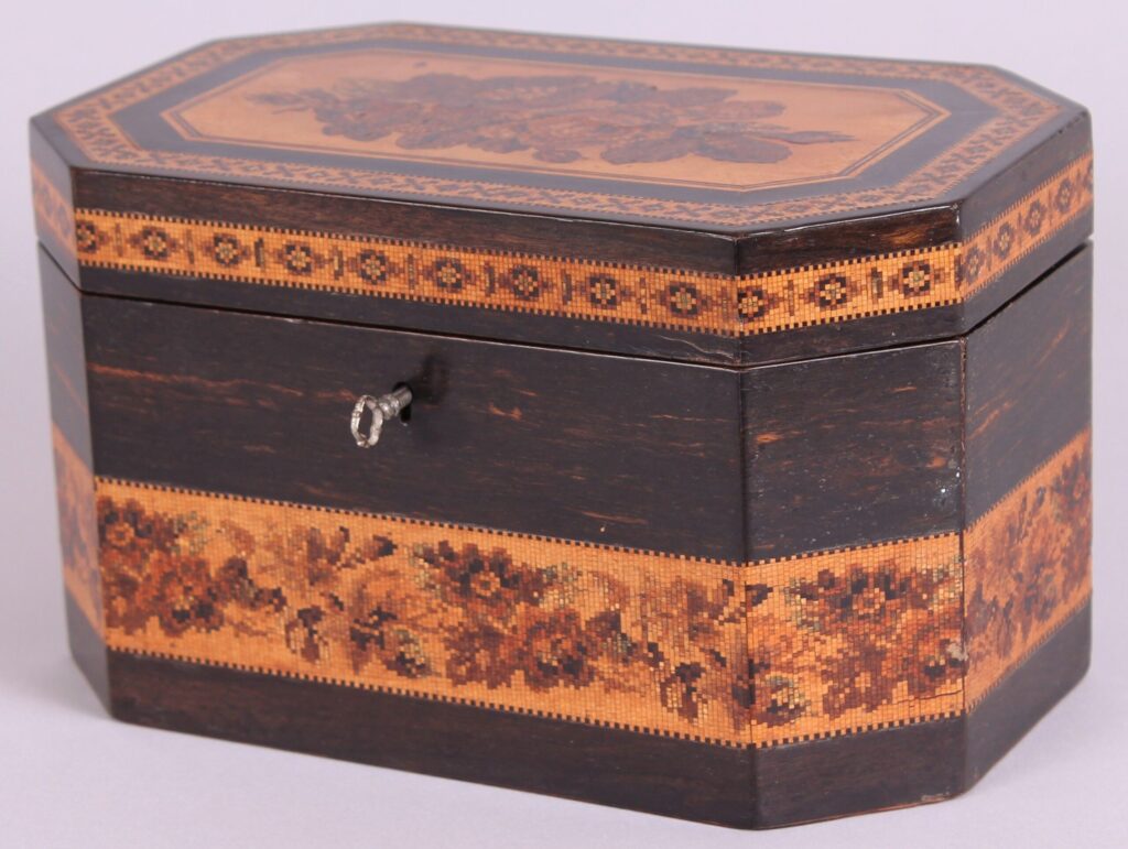 Early Victorian Tunbridge Ware octagonal double tea caddy