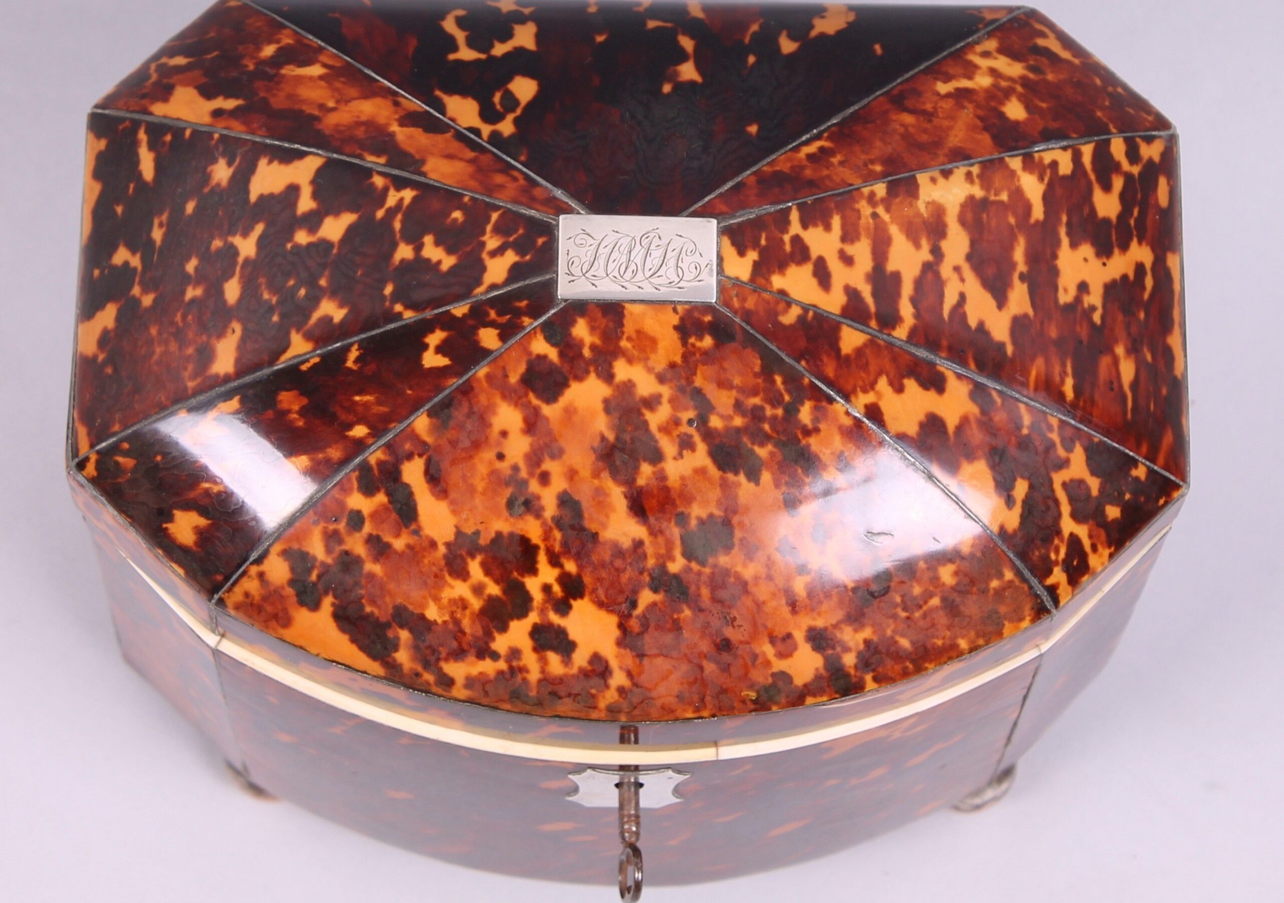 Fine Regency period tortoise-shell bow-fronted double tea caddy