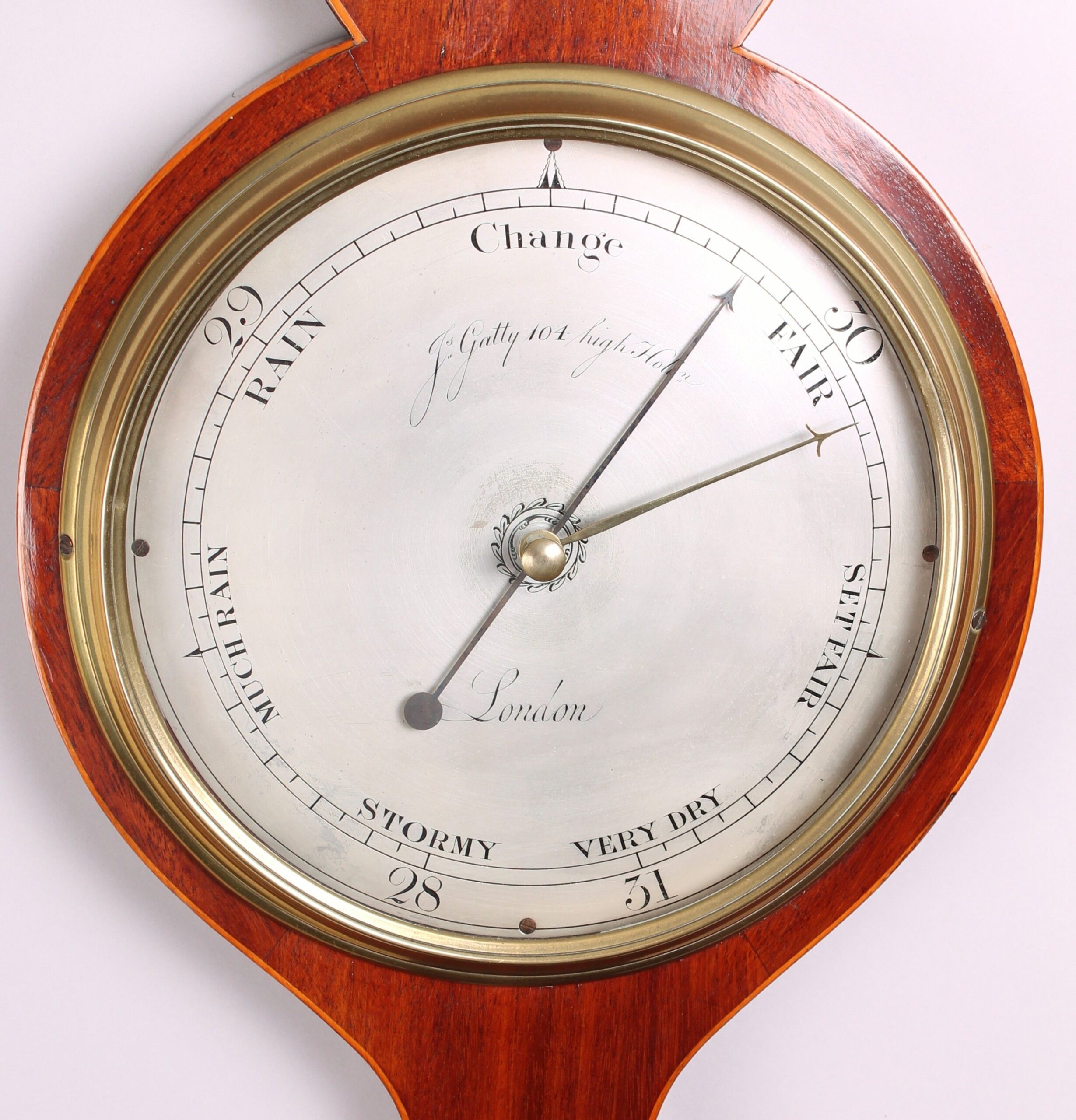 Early 19th century mahogany wheel barometer by J Gatty