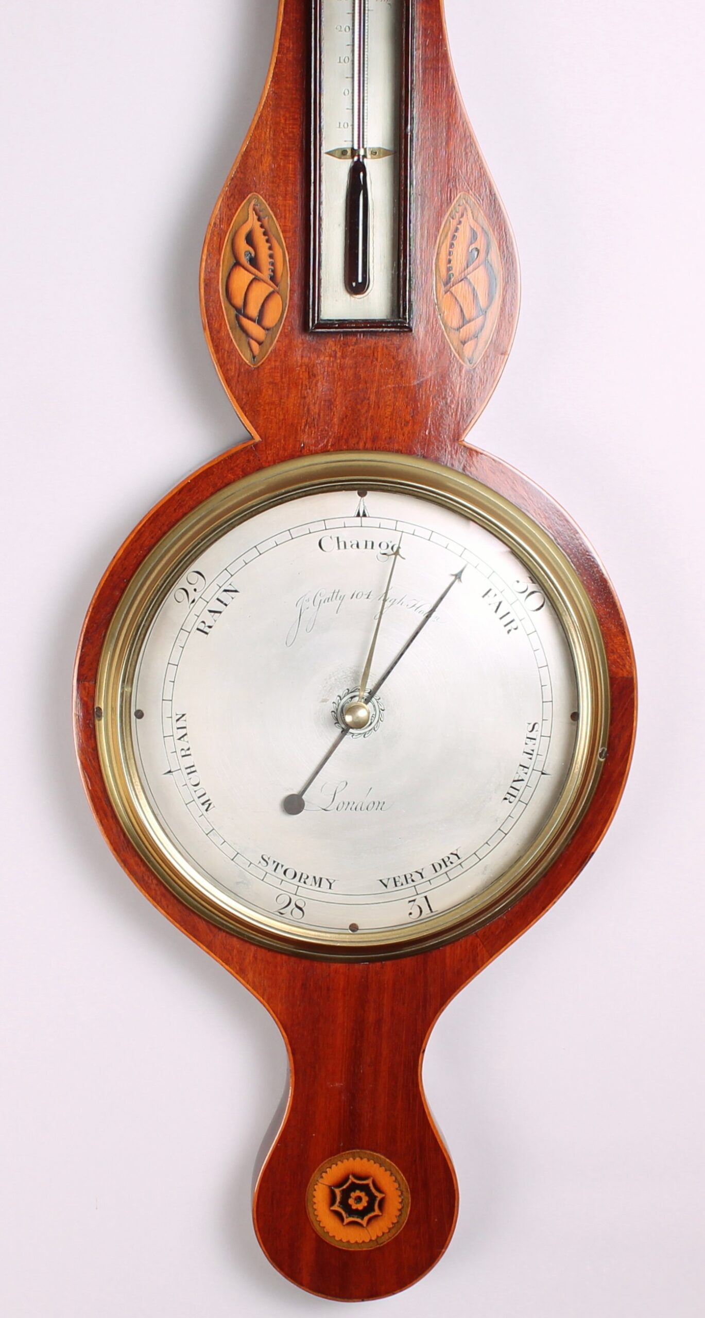 Early 19th century mahogany wheel barometer by J Gatty