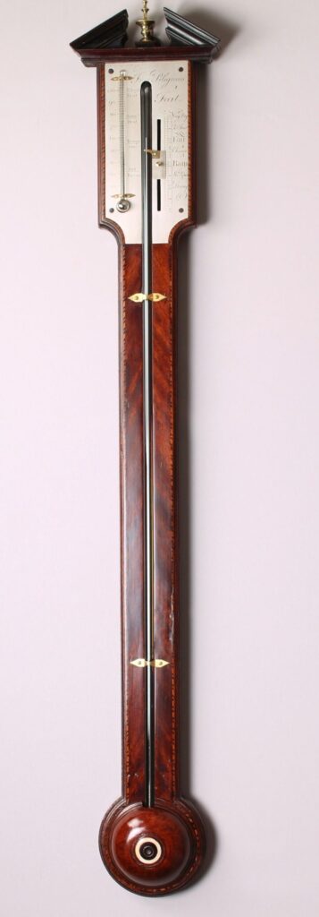George III mahogany stick barometer inscribed Fran Pelegrino, Fecit