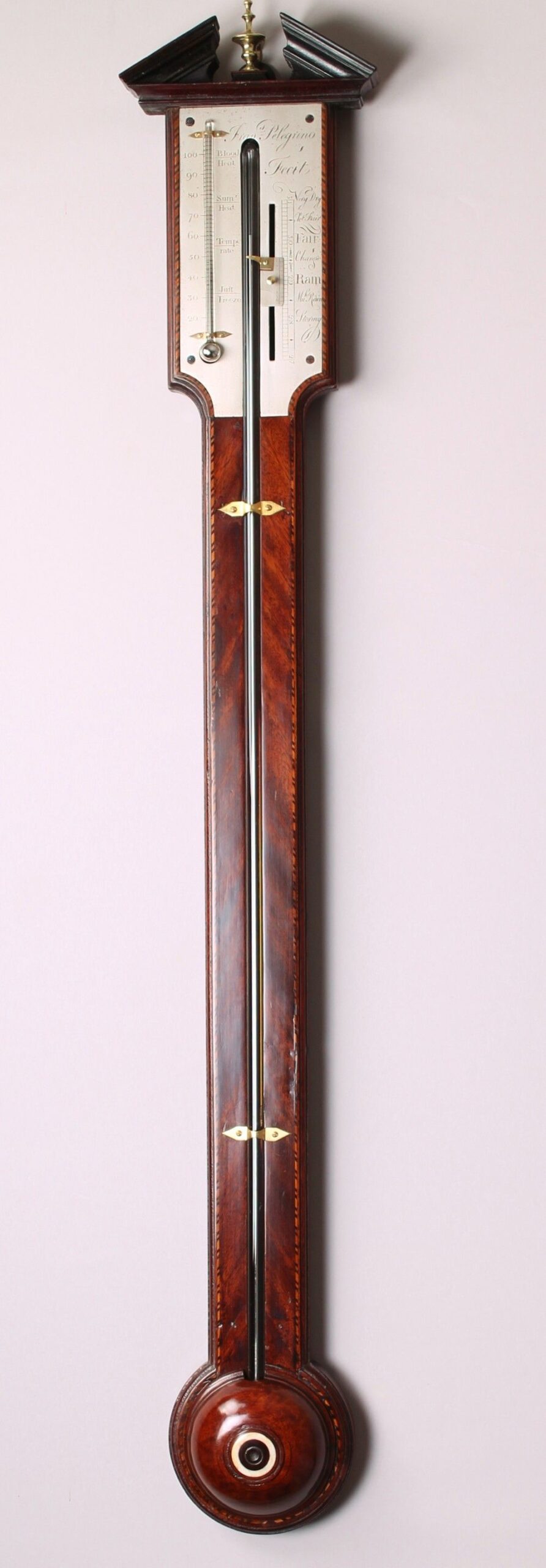 George III mahogany stick barometer inscribed Fran Pelegrino, Fecit