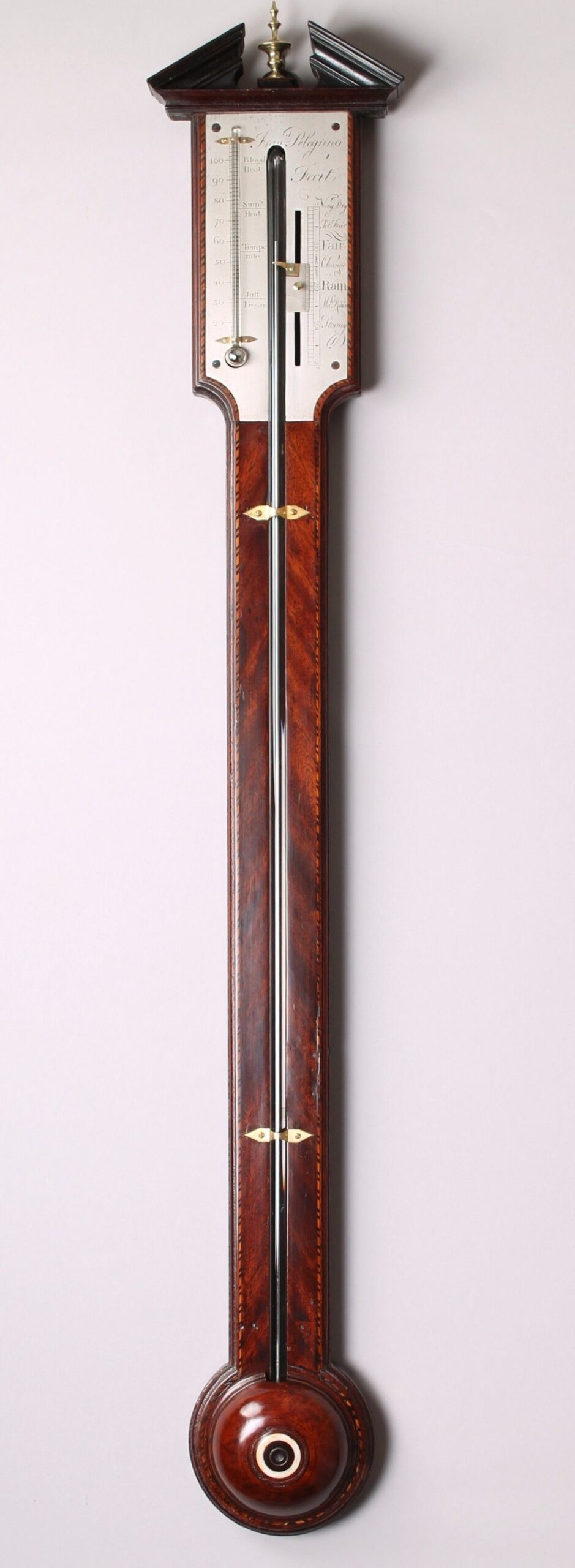 George III mahogany stick barometer inscribed Fran Pelegrino, Fecit