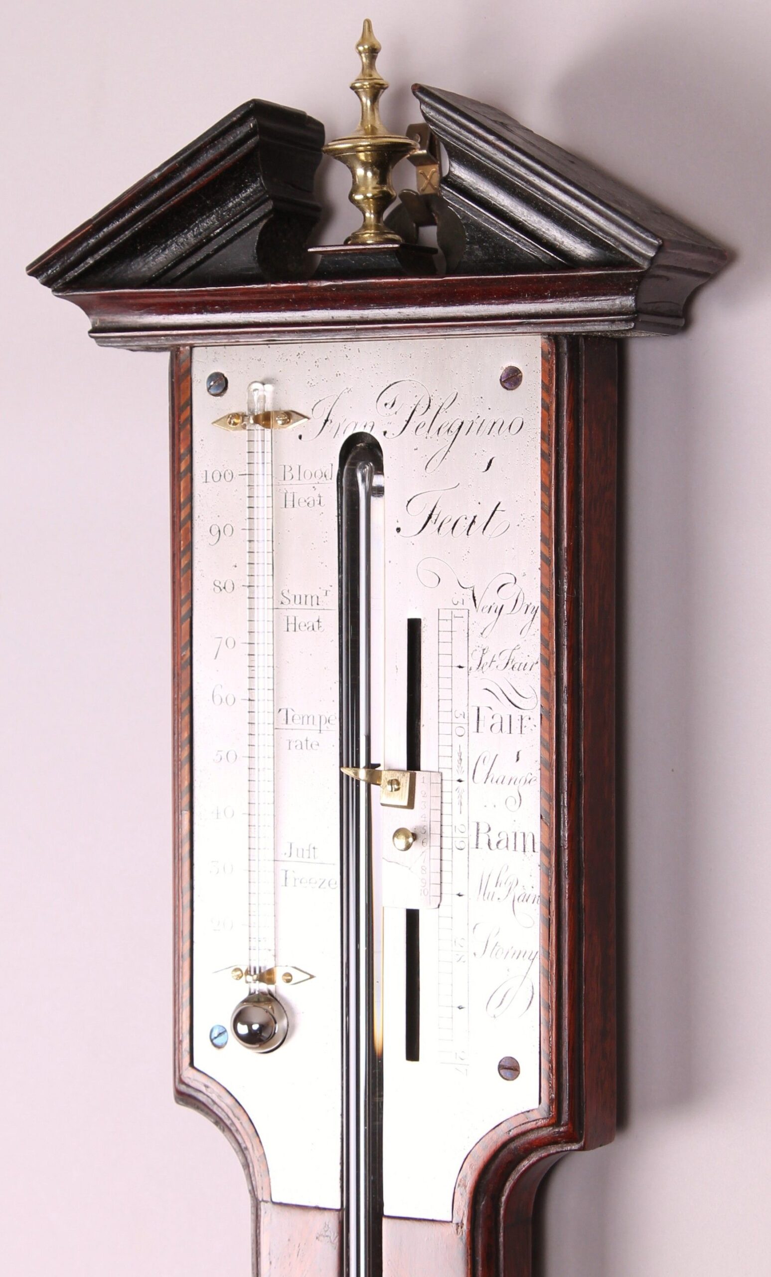 George III mahogany stick barometer inscribed Fran Pelegrino, Fecit