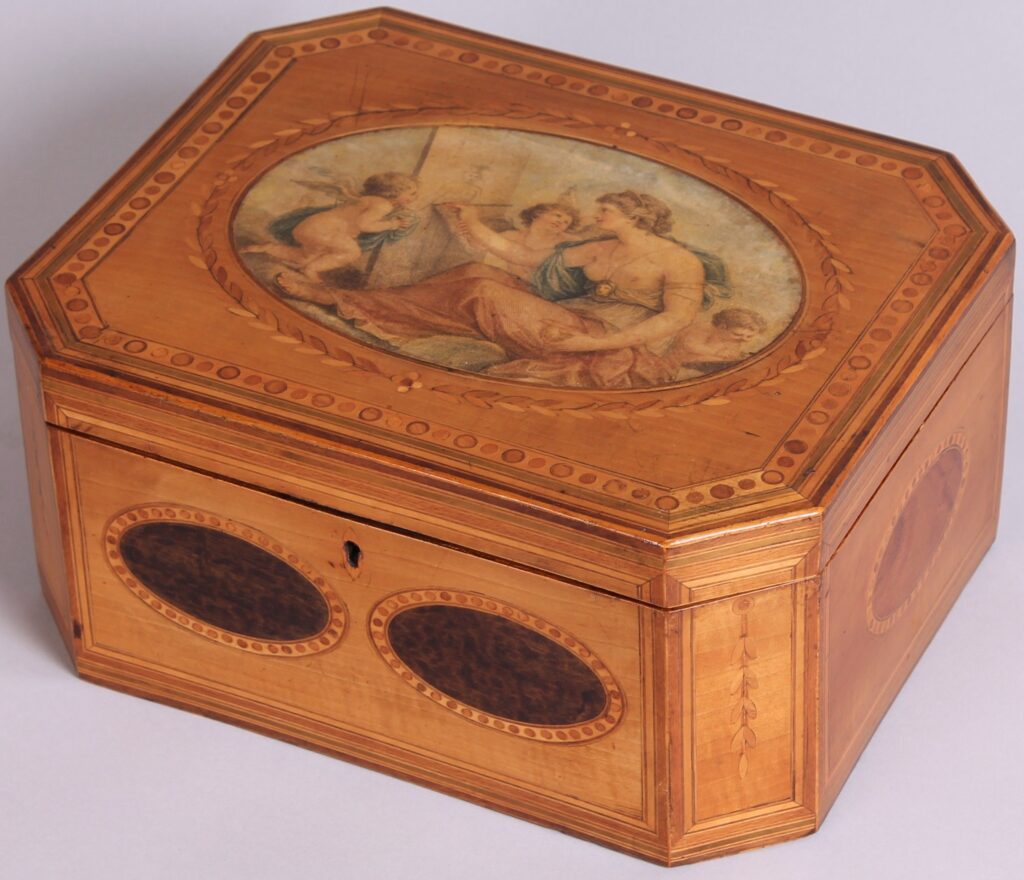 Fine George III period and satinwood and marquetry jewellery box in the manner of Thomas Sheraton