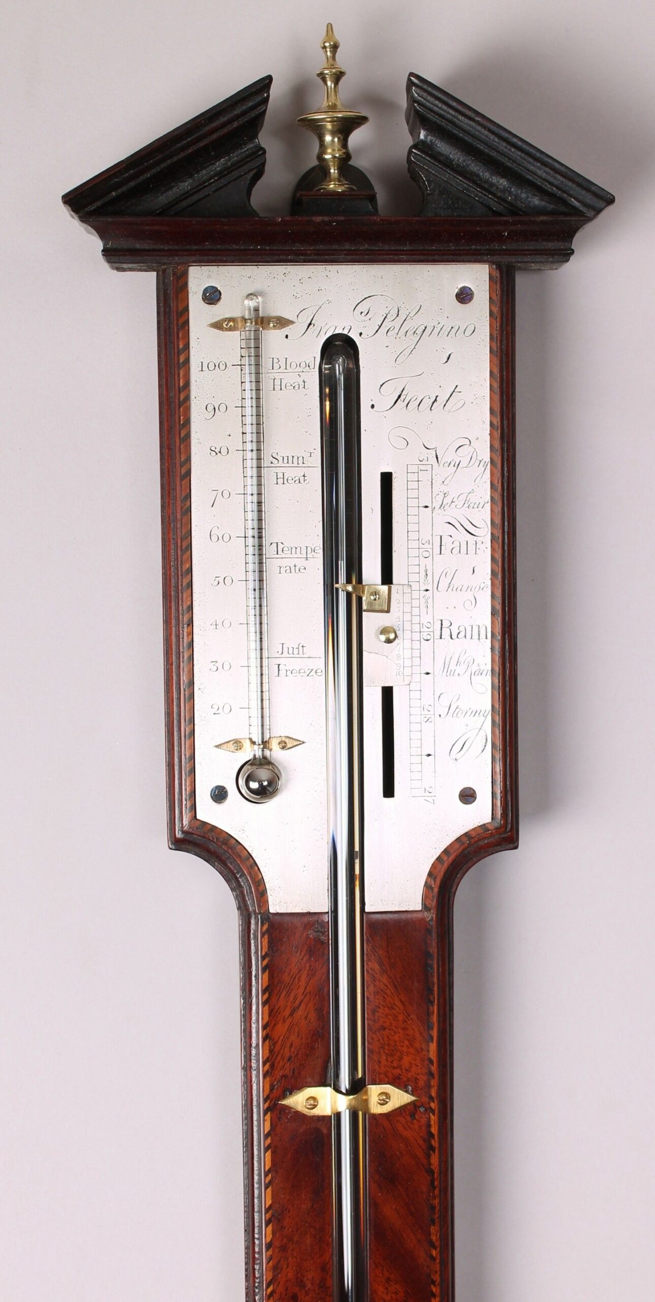 George III mahogany stick barometer inscribed Fran Pelegrino, Fecit