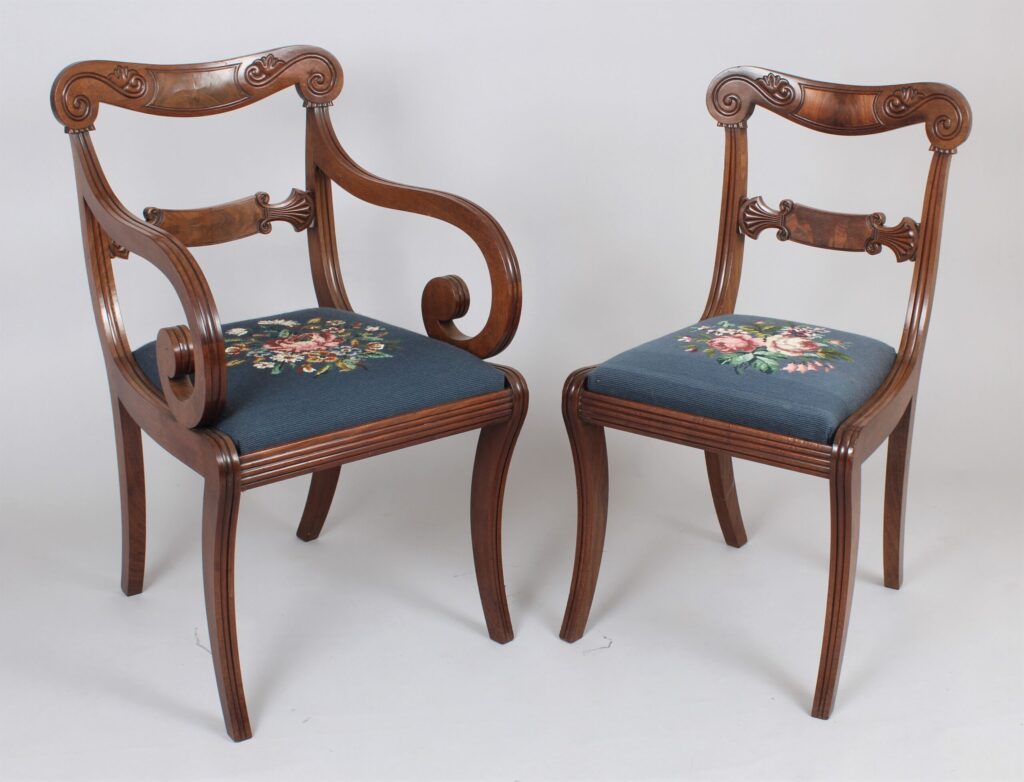 Set of six Regency mahogany sabre leg chairs