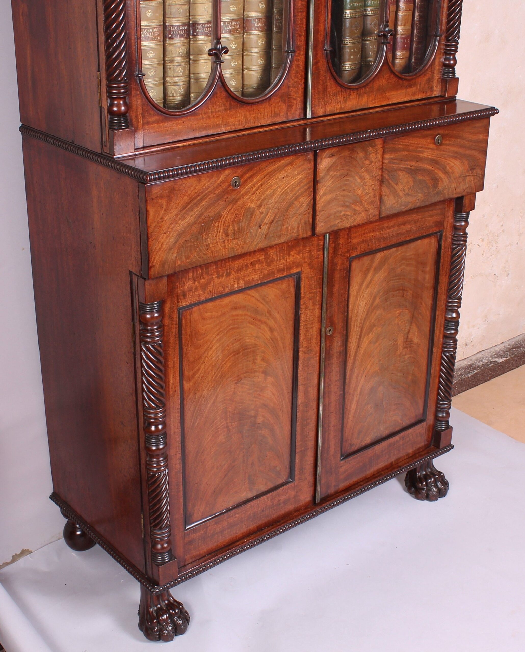 Fine George IV period mahogany bookcase-cabinet of high quality and narrow proportions