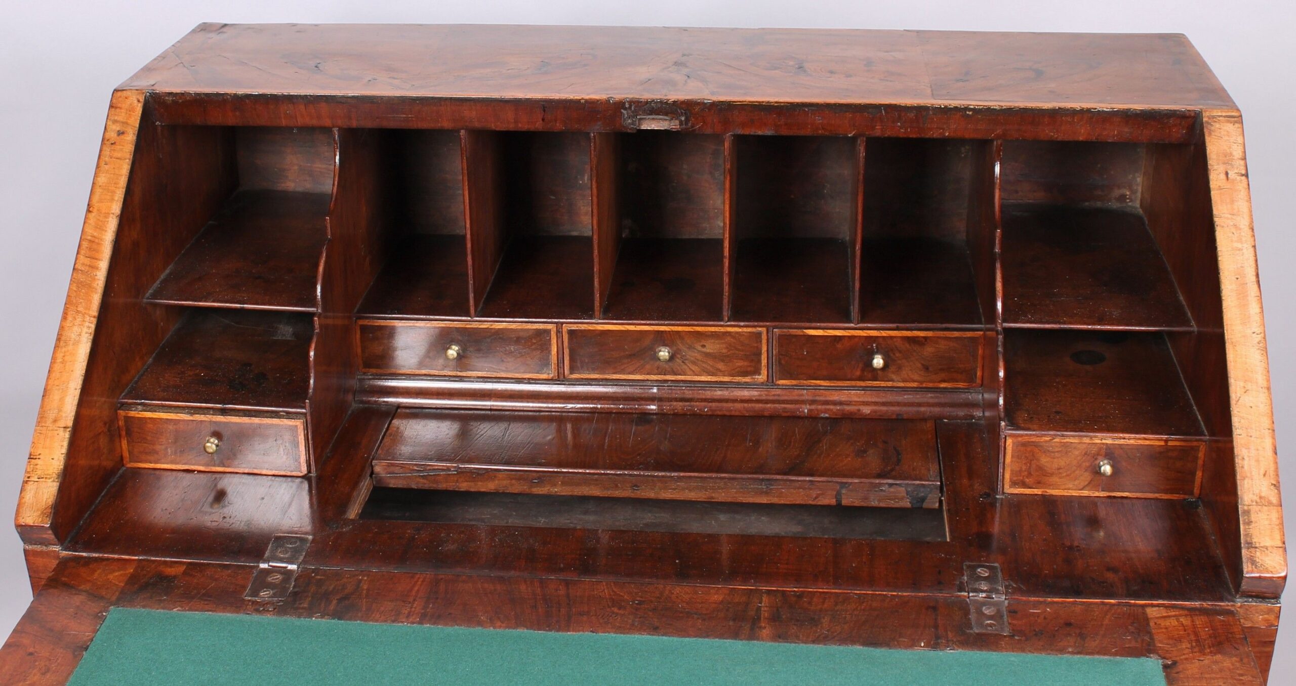 Early eighteenth century walnut bureau of pleasing golden colour and good patia