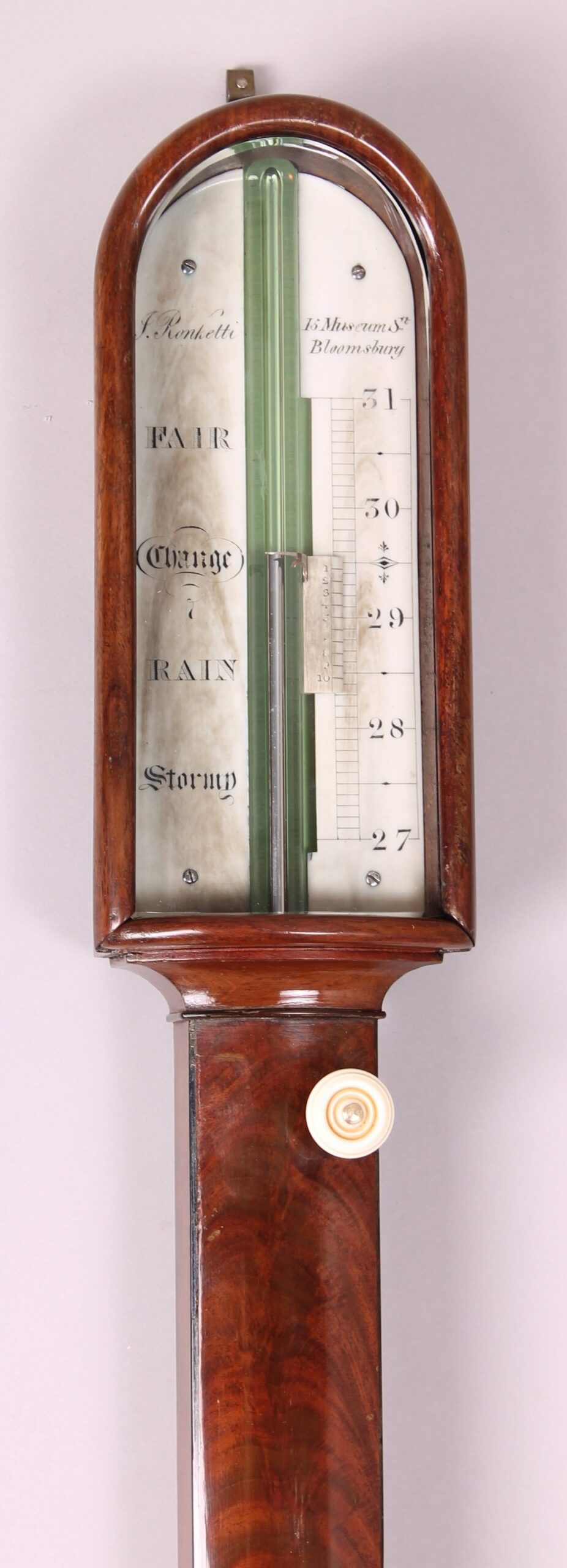 Fine early 19th century stick barometer by J Ronketti, 15 Museum Street, Bloomsbury