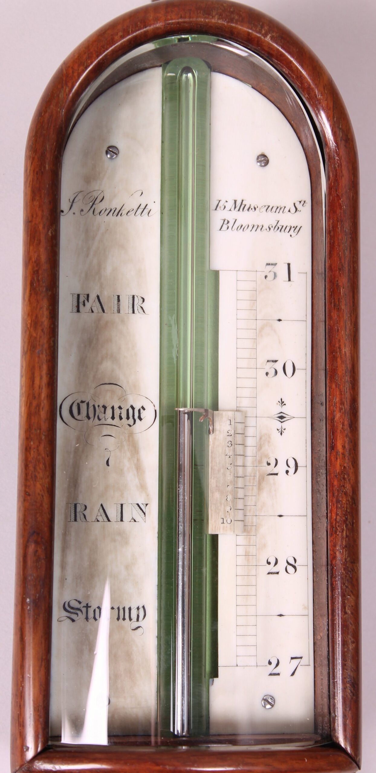 Fine early 19th century stick barometer by J Ronketti, 15 Museum Street, Bloomsbury