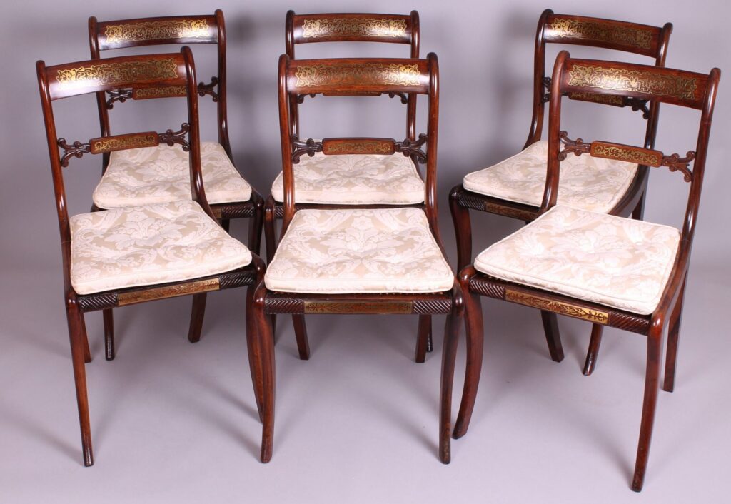 Fine set of six Regency period rosewood and brass in-laid chairs