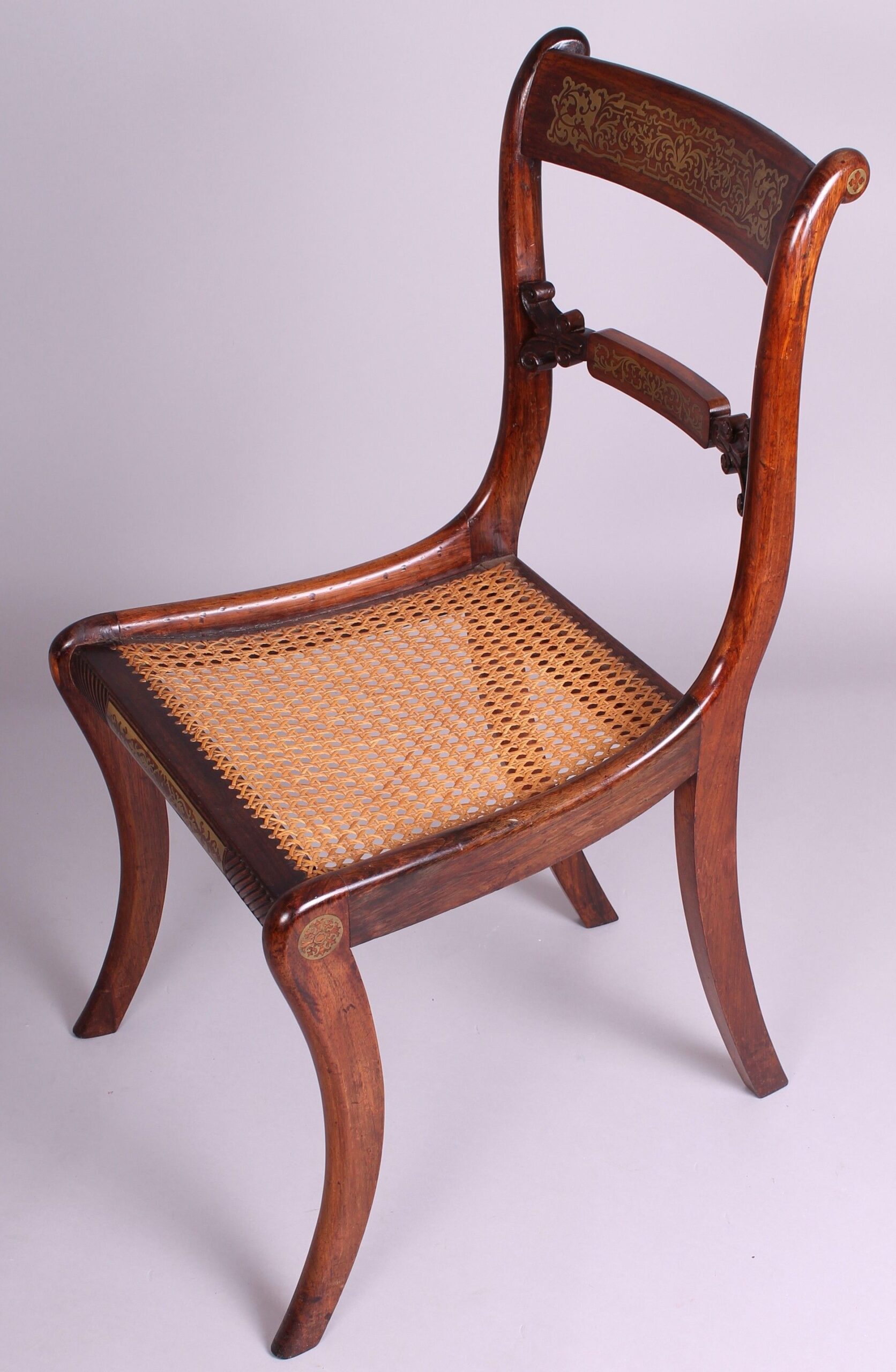 Fine set of six Regency period rosewood and brass in-laid chairs