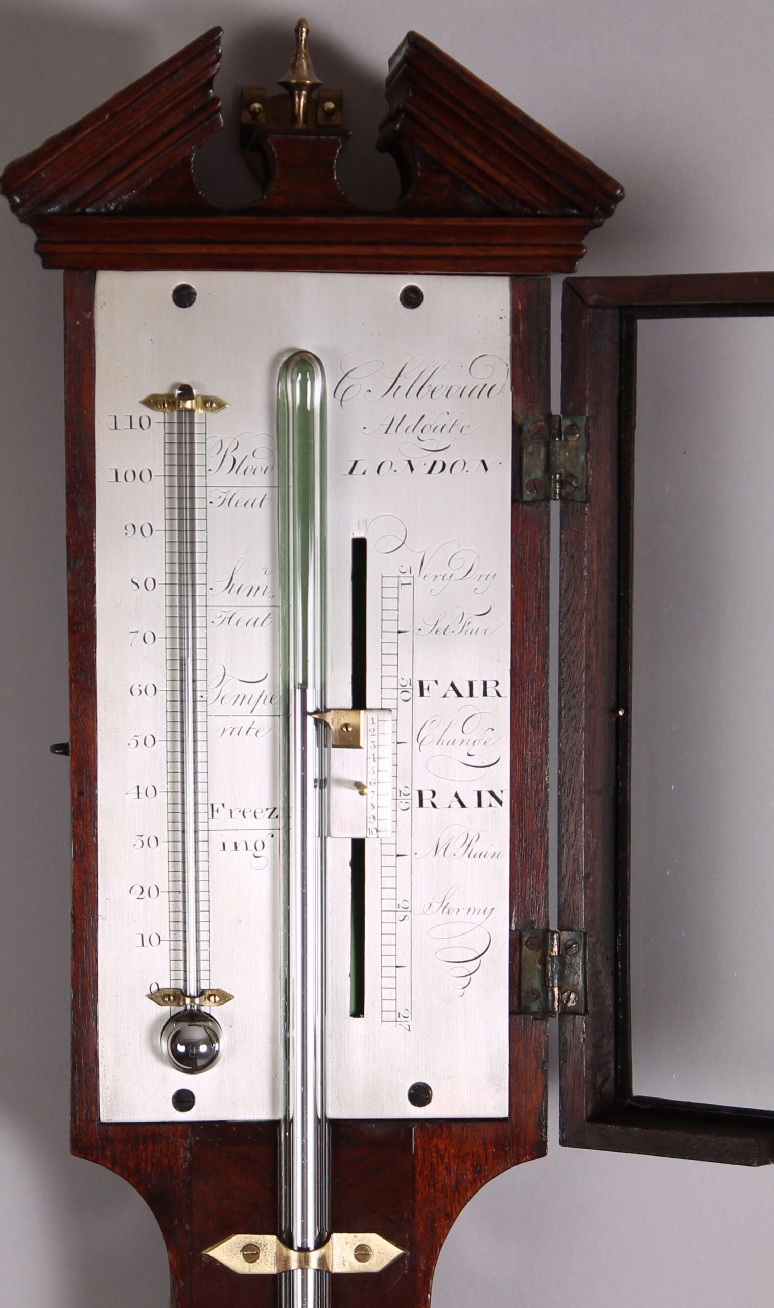Early 19th century mahogany stick barometer by C.Silberrad, Aldgate, London