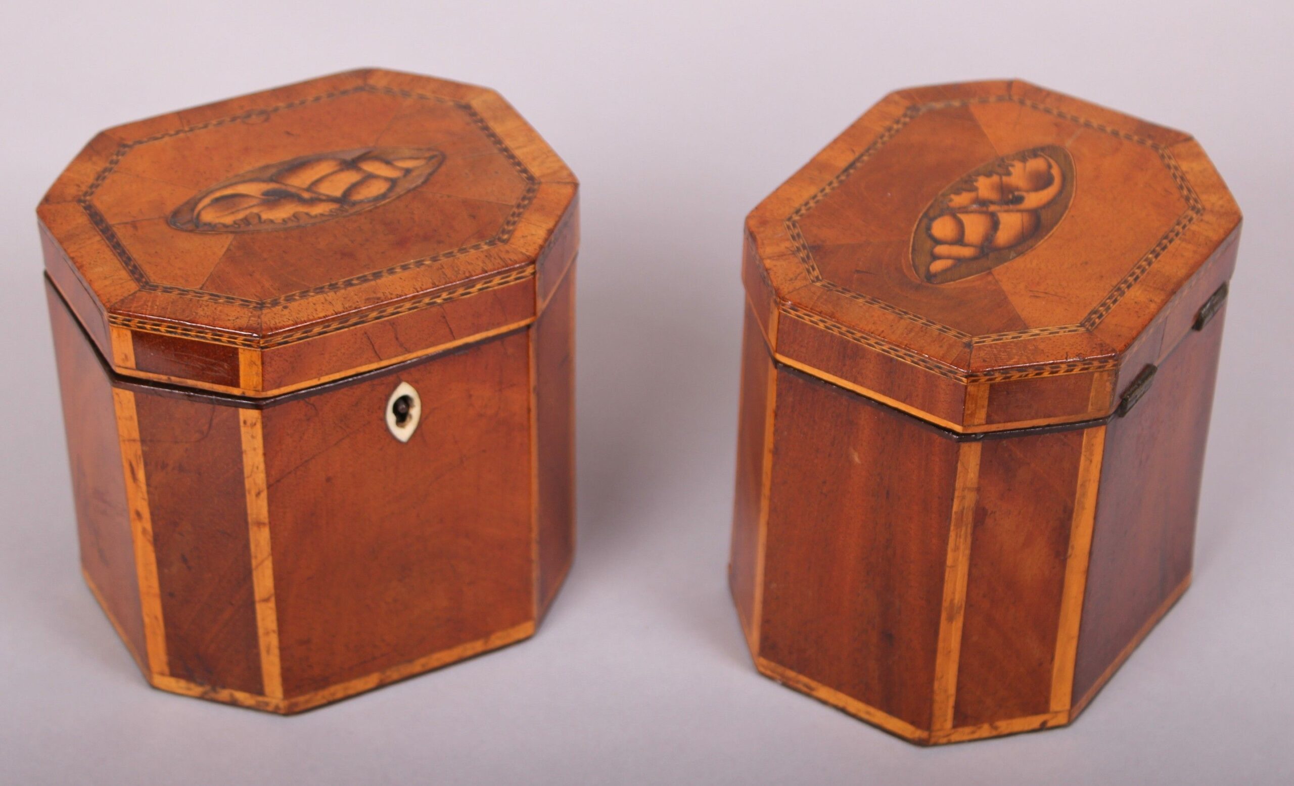 Rare pair of George III period mahogany small octagonal tea-caddies
