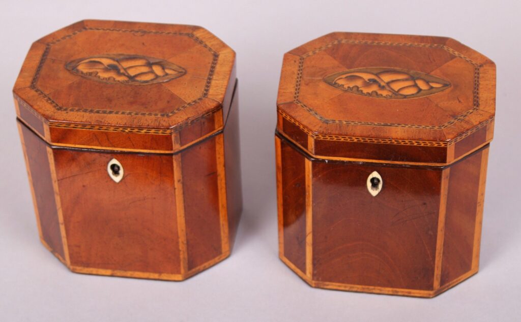 Rare pair of George III period mahogany small octagonal tea-caddies