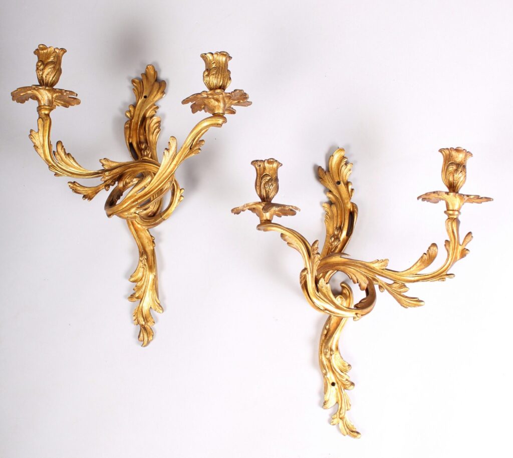 Pair of gilt-brass wall-lights in the Louis XV Rococo style